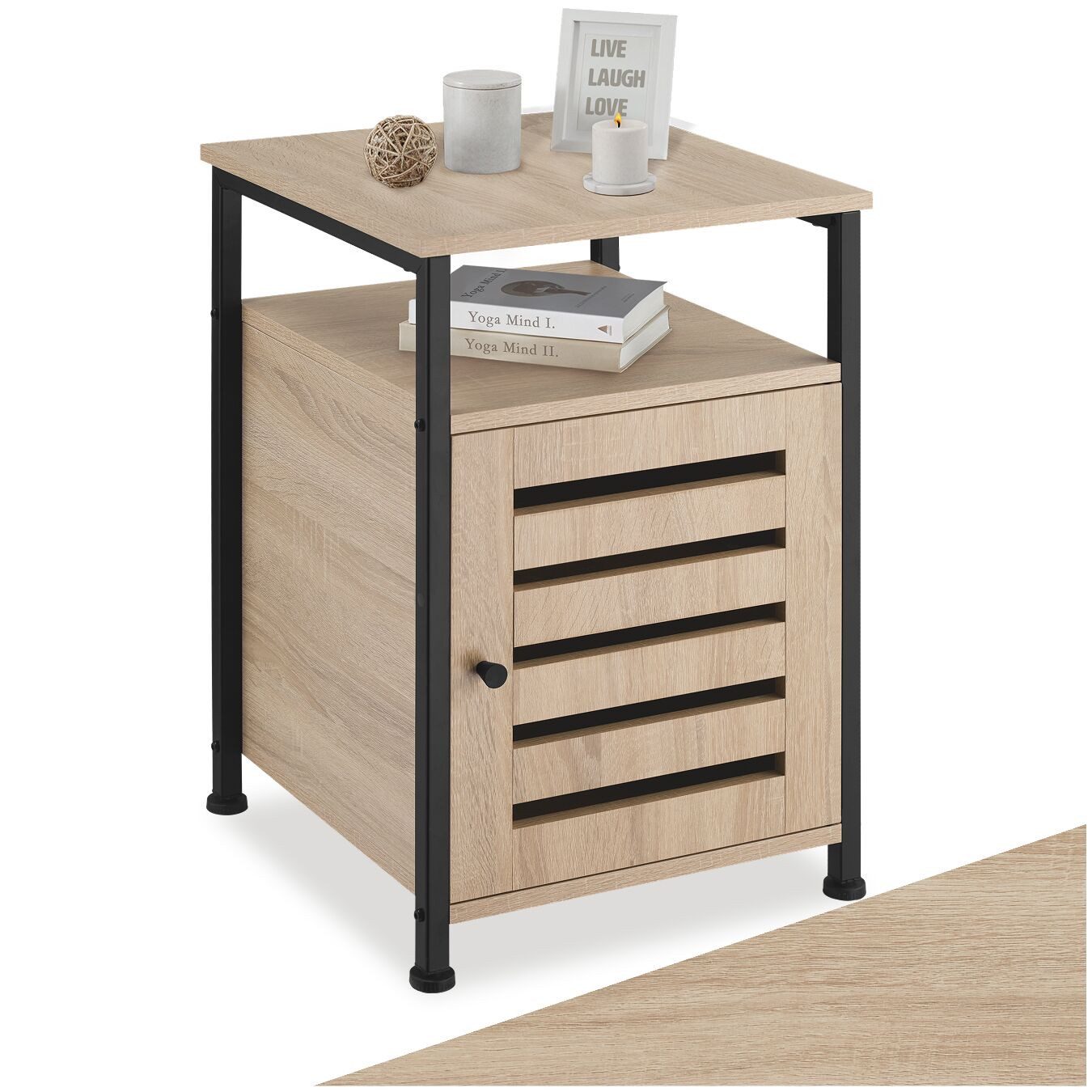 tectake Beistellschrank Nachtschrank, 40,5 x 40,5 x 60,5 cm, höhenverstellbare (Kleinschrank Cork, 1-St., in Industrial Holz hell, Eiche Sonoma) Holz und Stahl, 2 Ablagen, Staufach mit Magnettür und Einlegeboden