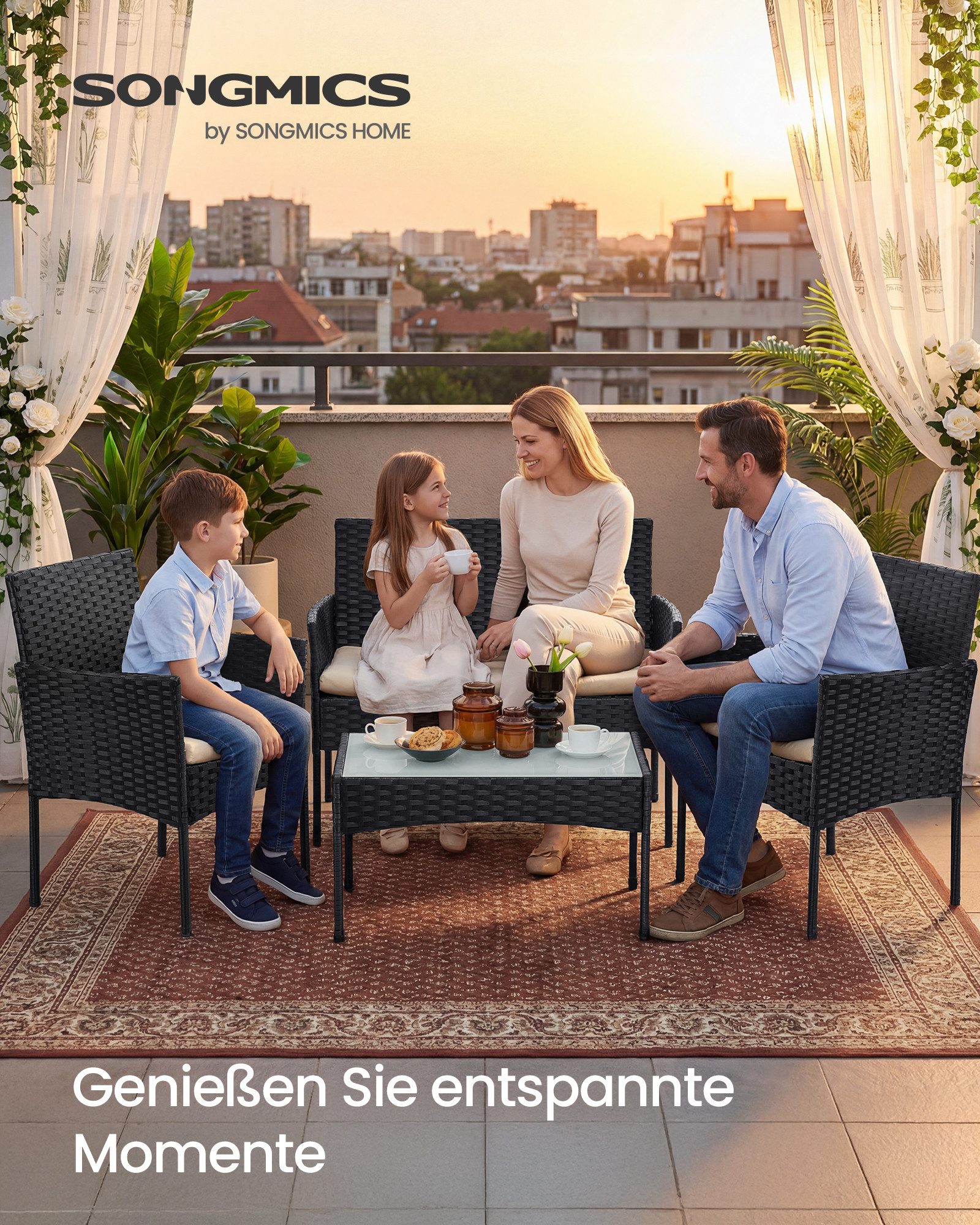 SONGMICS Gartenlounge-Set Balkonmöbel aus PE-Polyrattan, (4-tlg., 2 Gartenstuhl, 1 Sofa, 1 Gartentisch, mit Kissen), Balkonmöbel, Terrassenmöbel