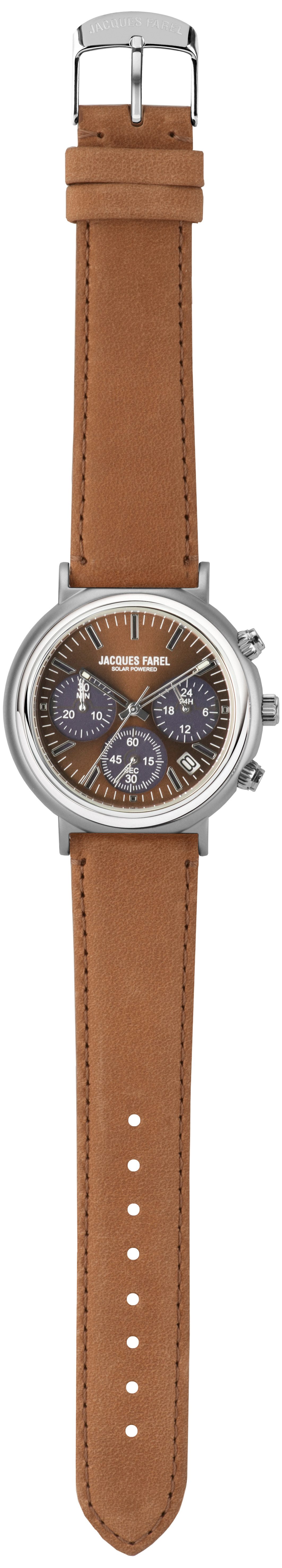 Jacques Farel Solaruhr ORST3002 nachhaltige Herren Damen Armbanduhr Recycling-Stahlgehäuse Lederband 5 bar, Analog Braun Blau Multifunktion Chrono Datum 24h Ø41 mm