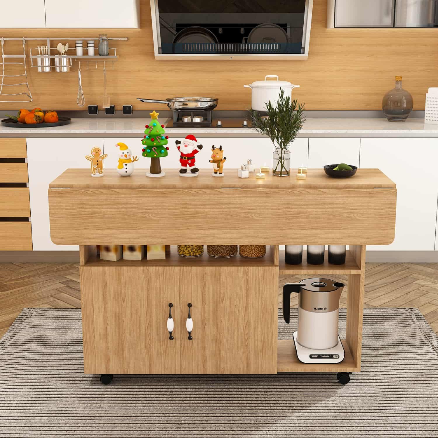 ANYSUN Esstisch Klappbarer Küchentisch mit Rollen,Stauraum,platzsparend für 4 Personen, Klapptisch,beidseitig klappbar,offene Ablagefächer,110×70cm,Eiche
