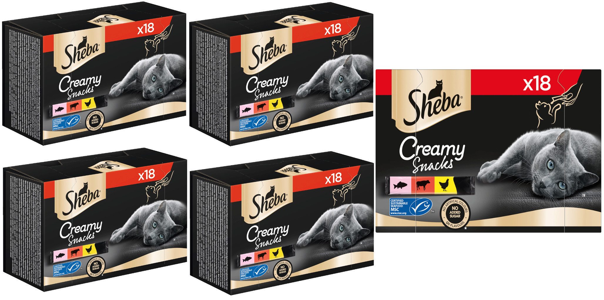Sheba SHEBA® Beutel Multipack Creamy Snacks 3 Varietäten MSC 5 x 18 x 12g, Snack für: Katze