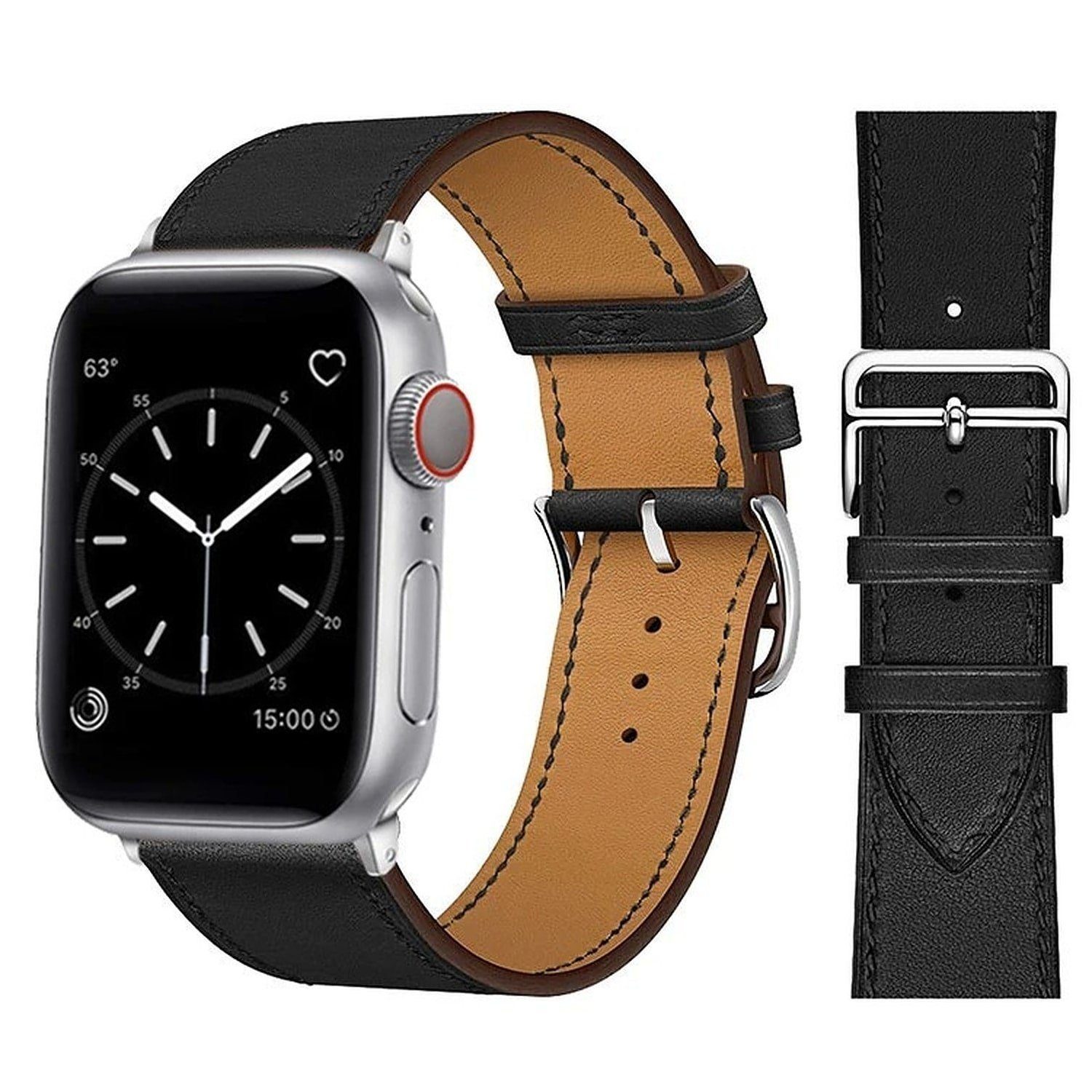 Widmann-Shop Smartwatch-Armband Kunstleder Band für Apple Watch 38/40mm 42/44mm 45mm 49mm Series 9 8 7, atmungsaktives Kunstleder Schwarz