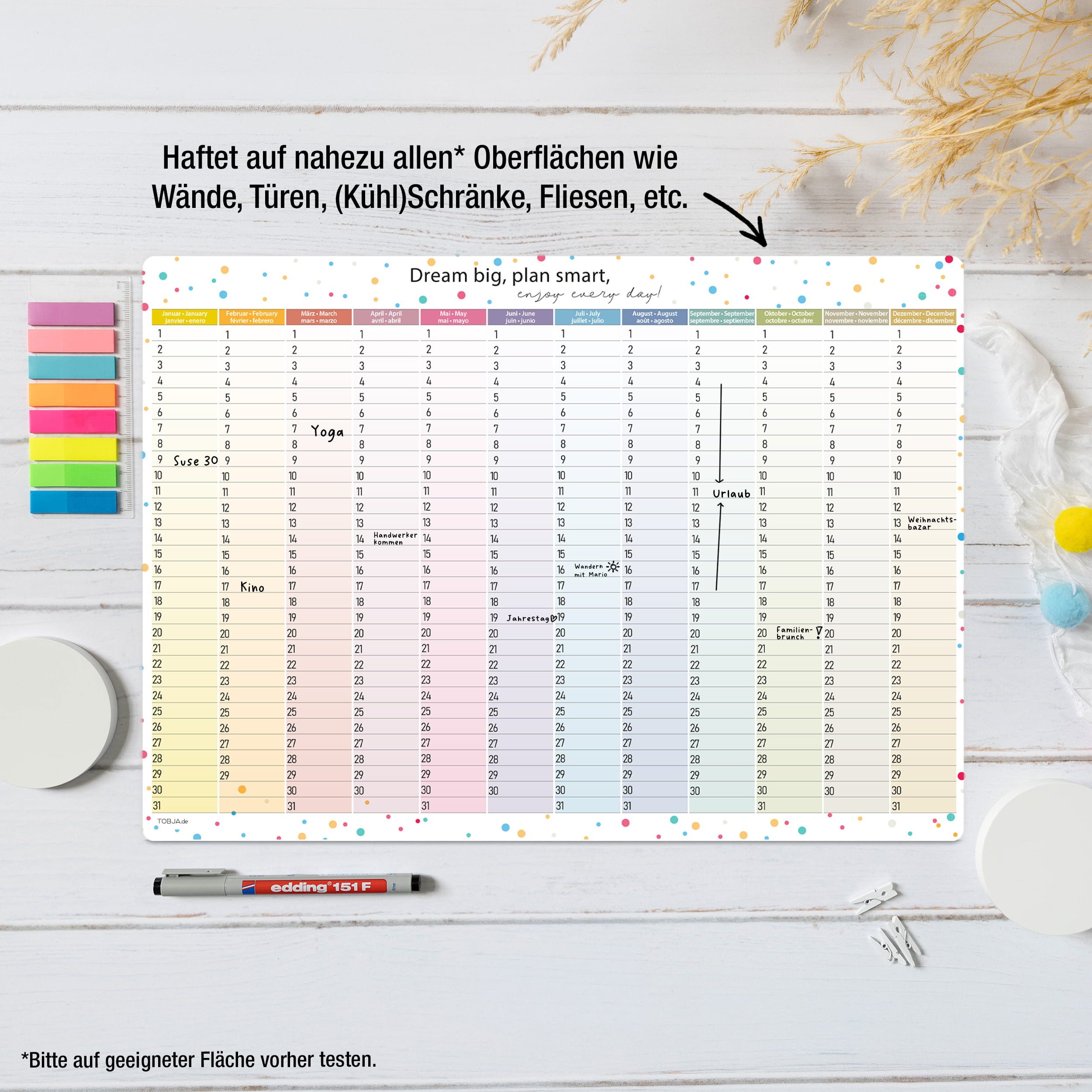 TOBJA ewige Kalender Jahresplaner immerwährend selbstklebend abwischbar A3 inkl. Stift, selbstklebend & ablösbar, abwischbar, immerwährend, inkl. Stift – Bild 5 von 5