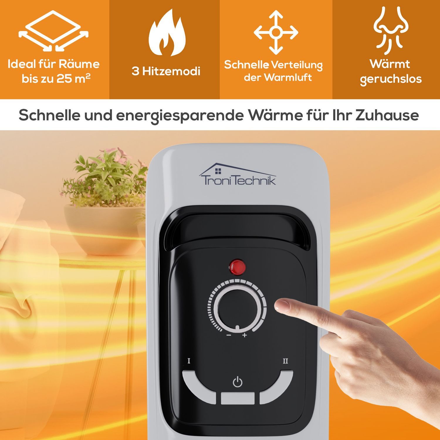 TroniTechnik Heizgerät Ölradiator in weiß, mobile Elektroheizung 11 Rippen, 2500Watt, 2500 W, energiesparend, Elektroheizung, 2500 Watt, 3 Stufen