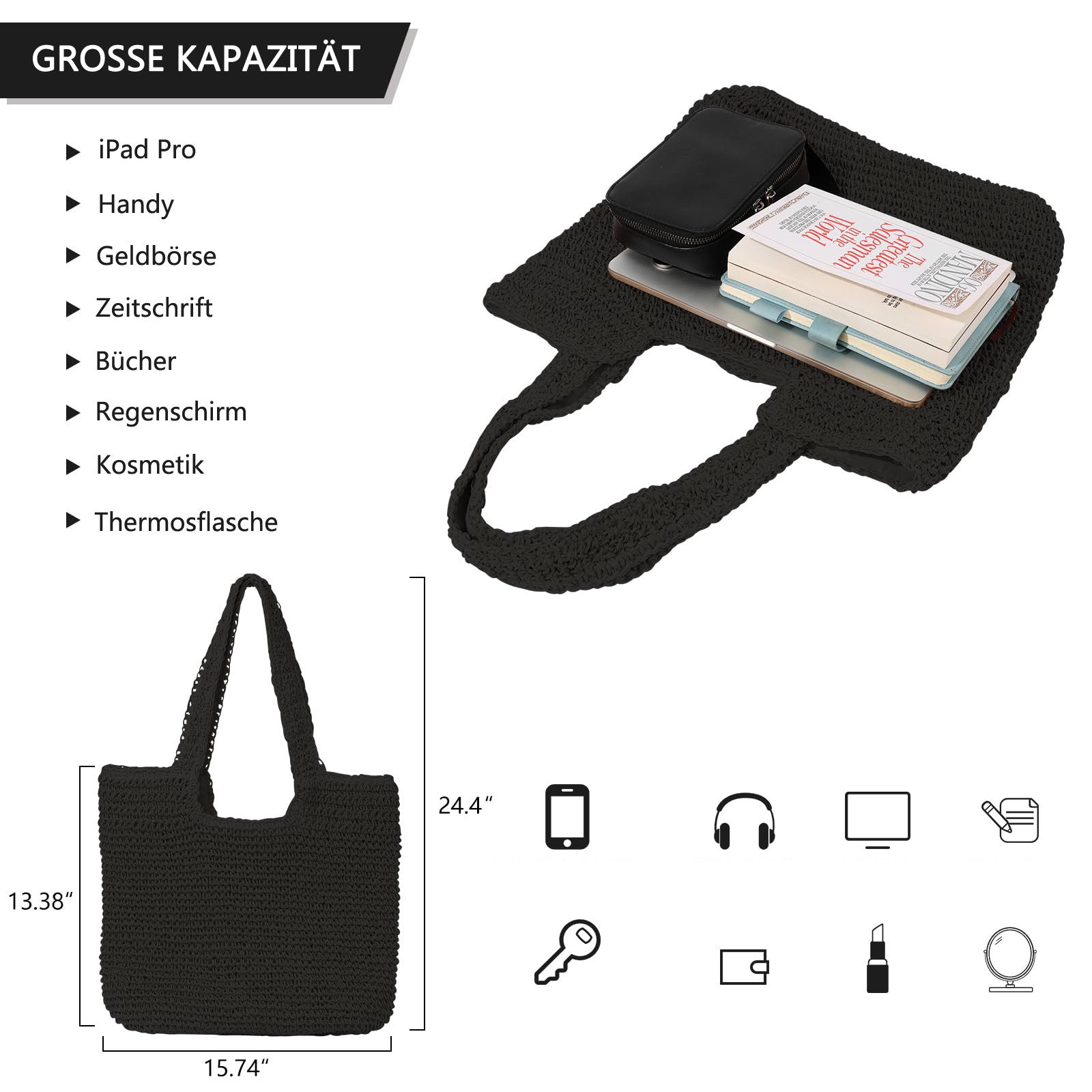 Zaewry Strandtasche Stroh Handtasche Damen Sommer Taschen Umhängetasche Damen, Boho Stil Shopper Damen Groß für Strand, Reisen, Urlaub, Shopping