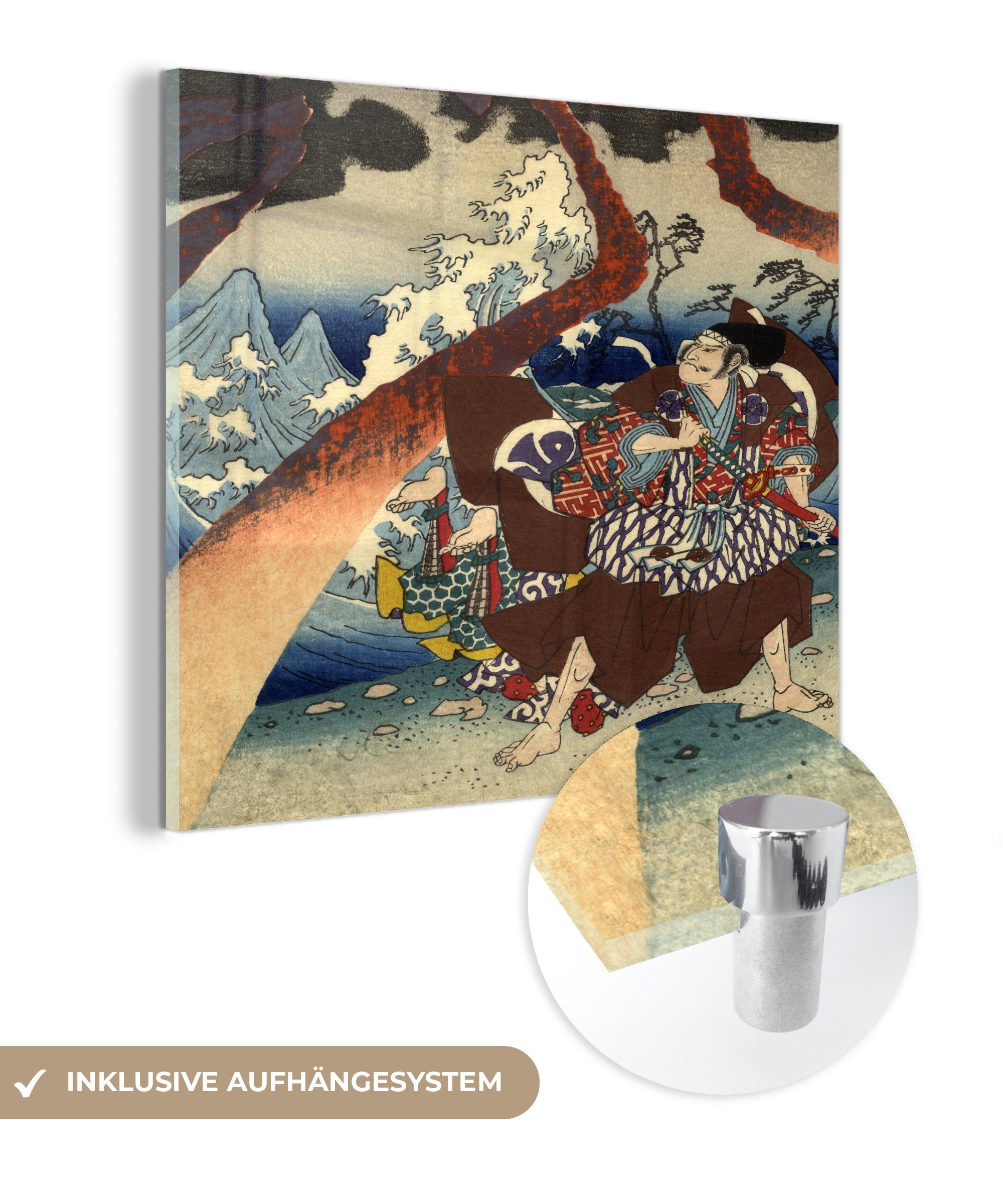 Holzschnitt bei Japanischer Sturm, Foto auf Wandbild von Glas - St), - (1 Glas MuchoWow Bilder Kriegern Wanddekoration Acrylglasbild auf einem Glasbilder -