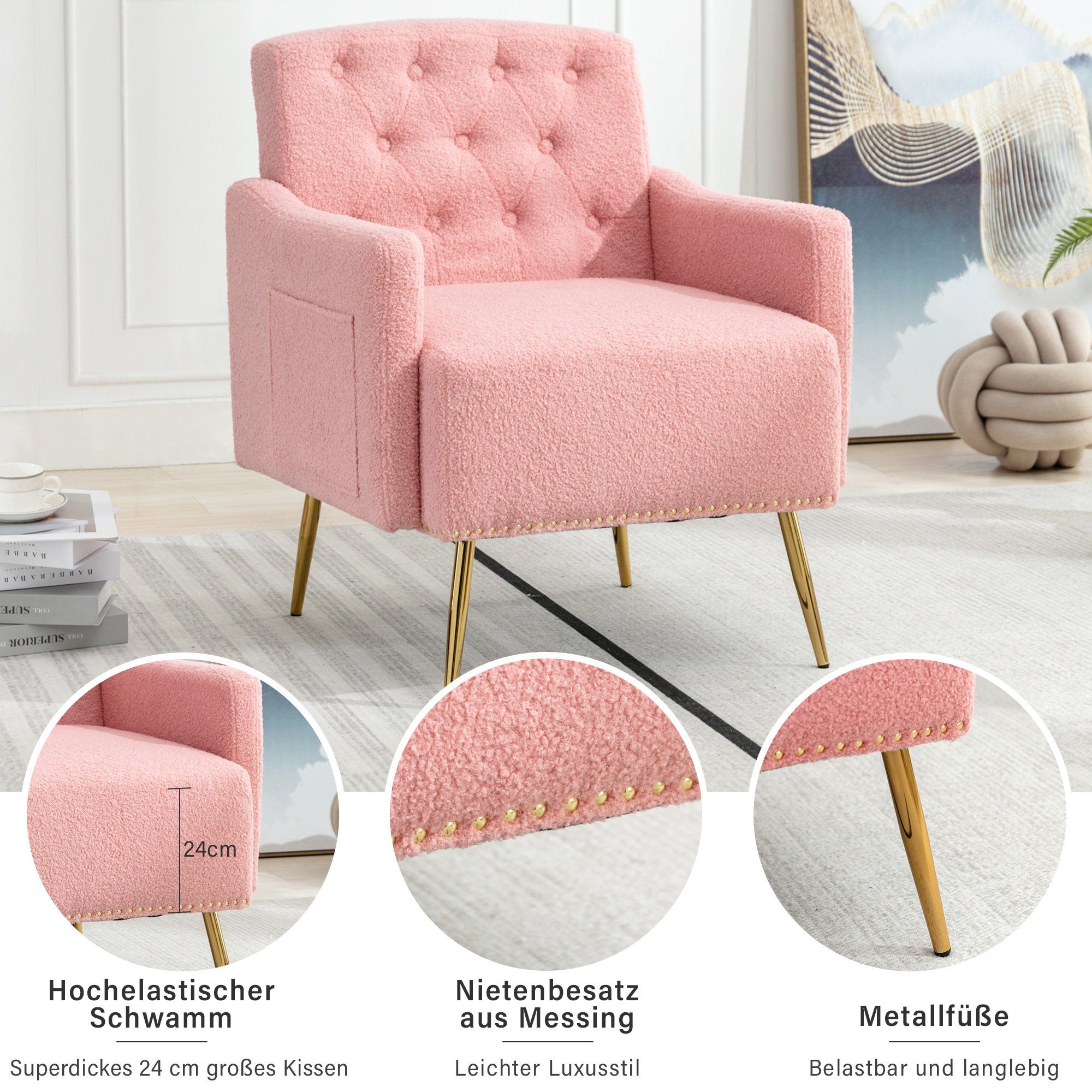 Relaxsessel, Metallbeine, Wohnzimmerstuhl, (goldene Sessel Teddy-Samt Reißverschluss-Design, bequemer geeignet rosa oder Entspannen), zum Lesen Sessel mit WISHDOR Fernsehsessel,