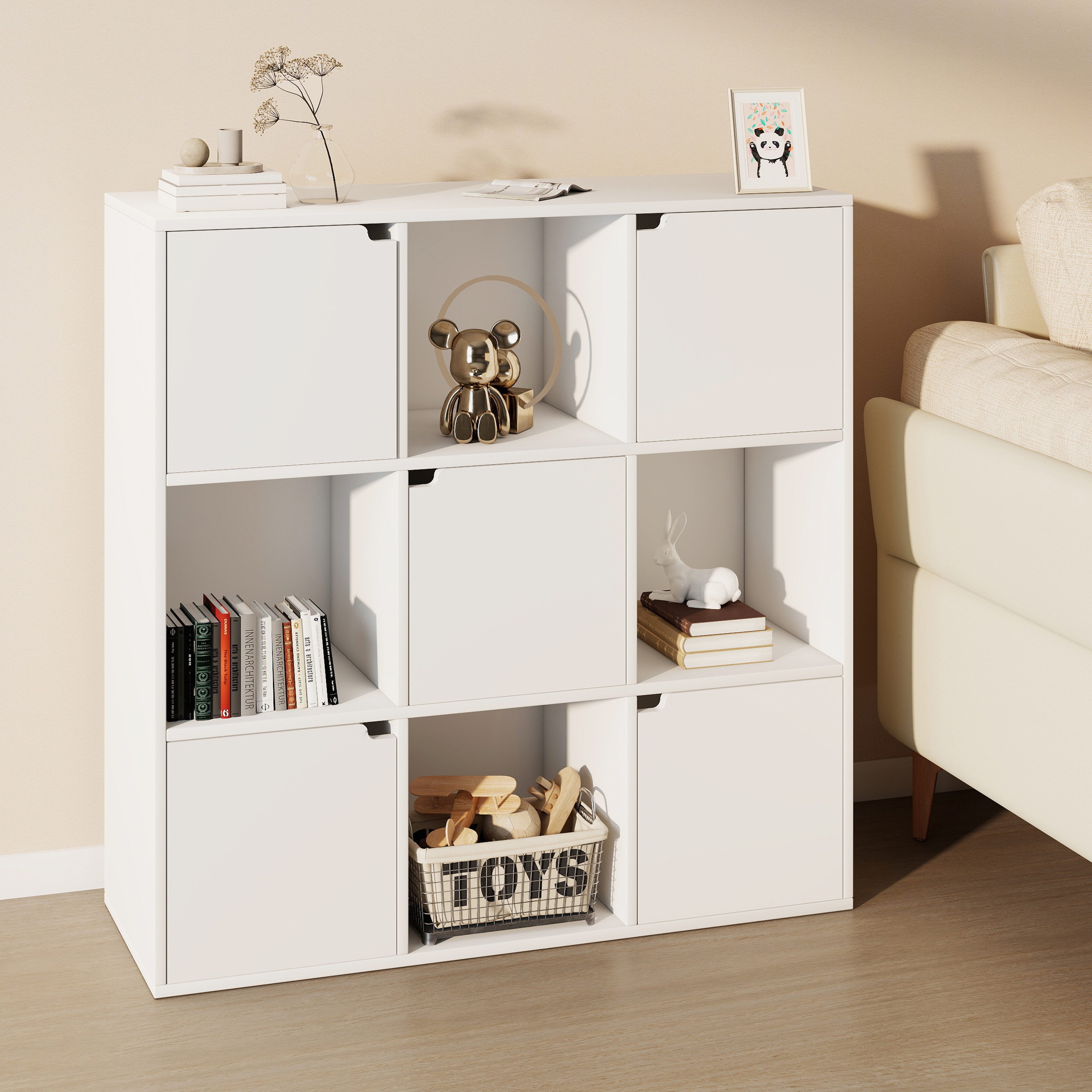 oyajia Bücherregal Bücherschrank 90cm für Wohnzimmer Home Office, 9 Fächer mit 5 Türen, Standregal, Büroregal, 9 Fächer, Holzwerkstoff, 90x30x90cm (BxTxH)