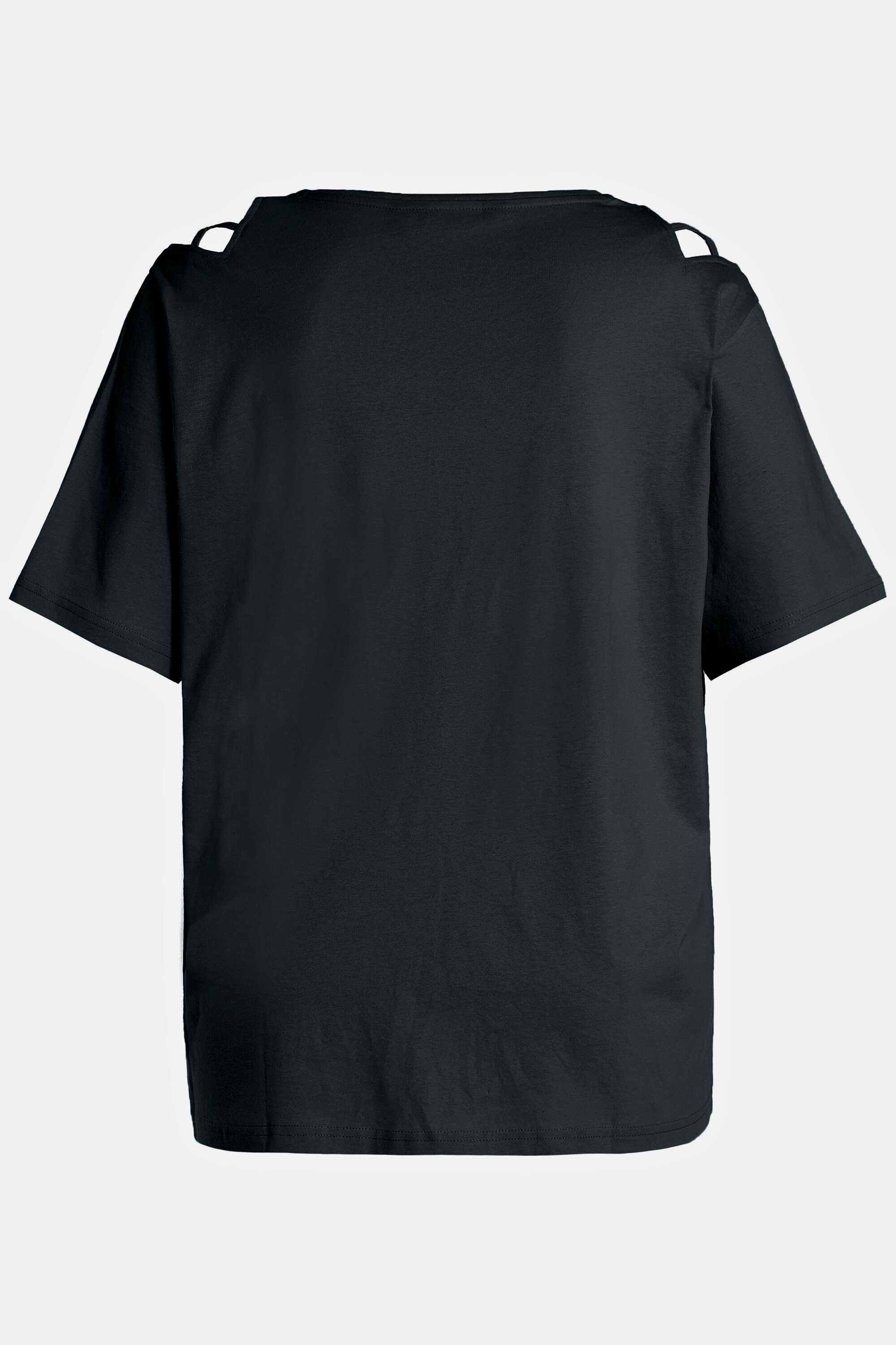 Schulterschlitze T-Shirt schwarz Popken Rundhalsshirt Halbarm V-Ausschnitt Ulla