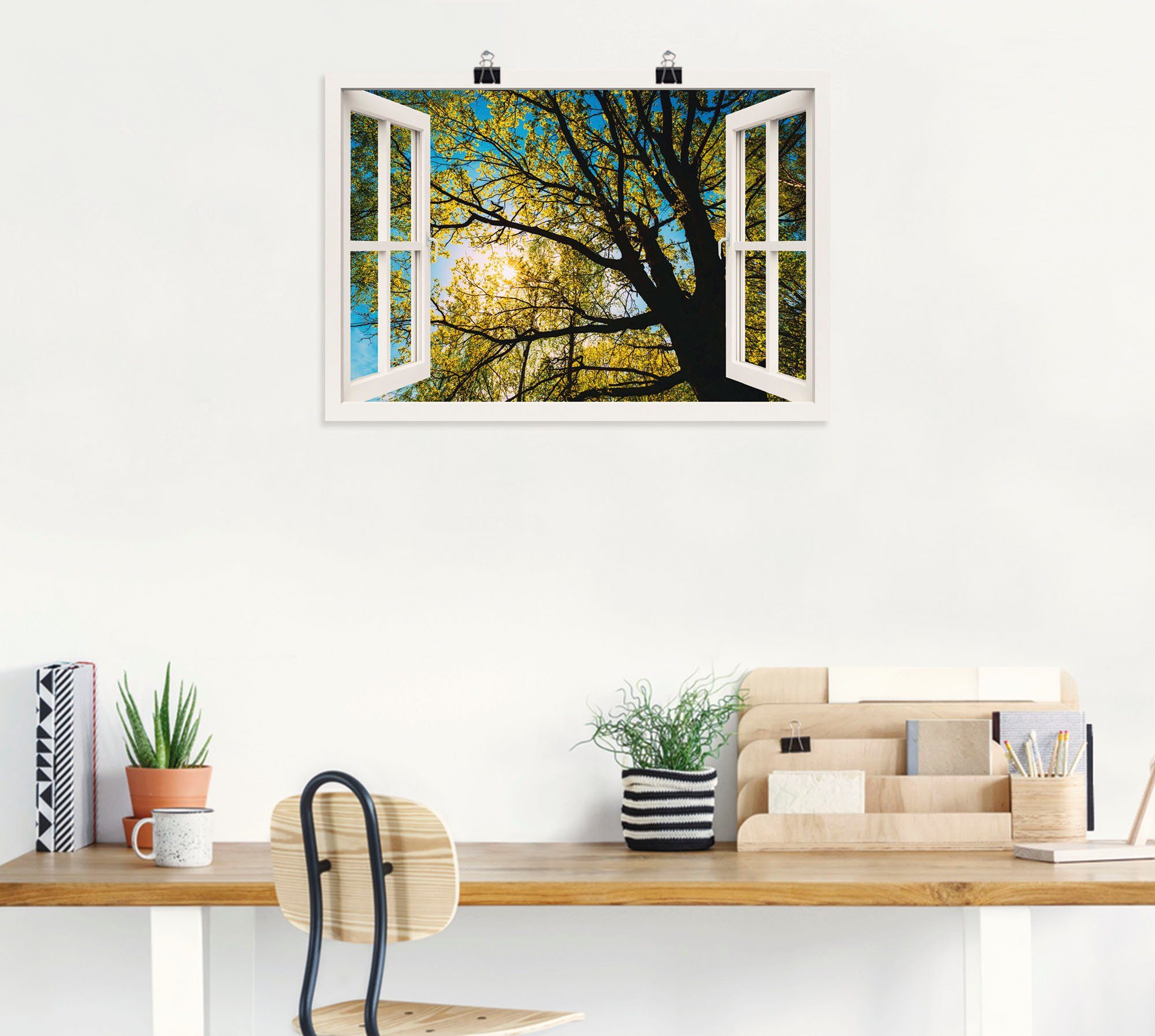 Artland Wandbild Fensterblick Frühlingssonne (1 Alubild, Bäume oder St), Leinwandbild, in als Größen versch. Baumkrone, Wandaufkleber Poster