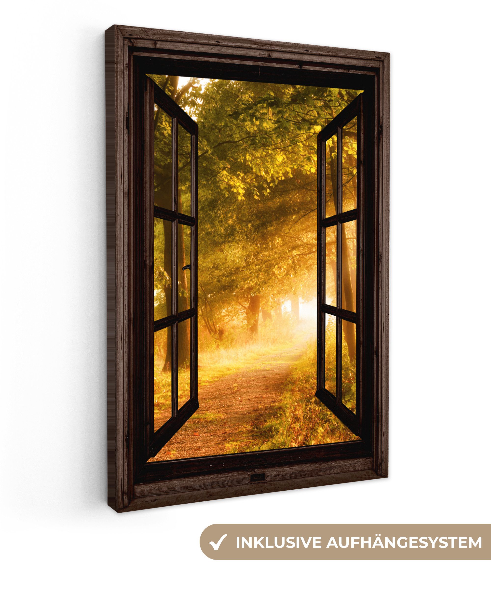 OneMillionCanvasses® Leinwandbild Wald - Bäume - Sonnenlicht - Herbst - Weg - Natur - Fensterblick, Fotodruck (1 St), Leinwand Canvas Wandbild, Wanddekoration 20x30 cm