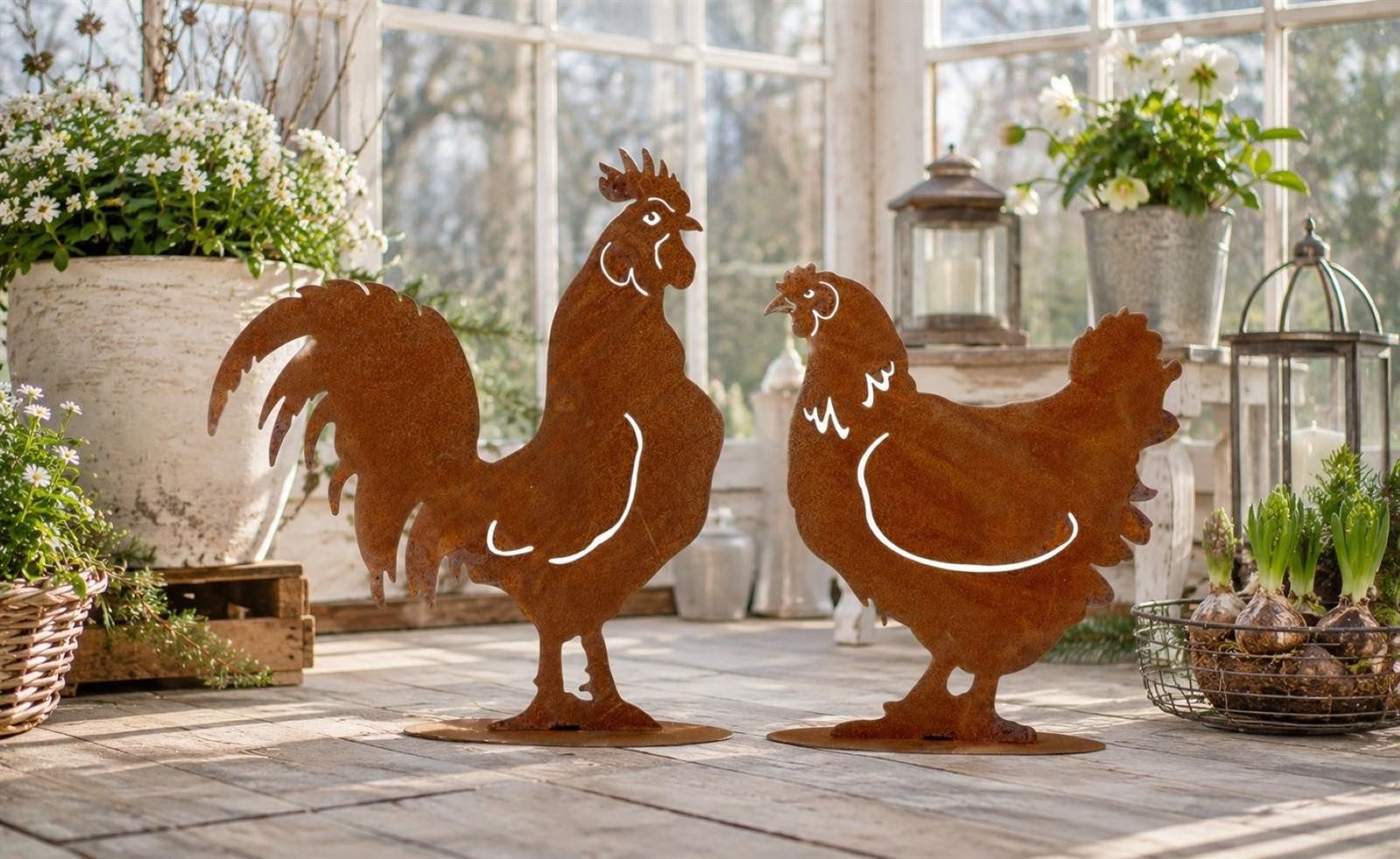 Geschenkestadl Tierfigur Hahn Henne Silhouette Rost 2er Set Metall Garten Deko Landhaus 29cm (2 St., 1 Hahn 1 Henne), Deko Huhn und Hahn rost – Bild 4 von 5
