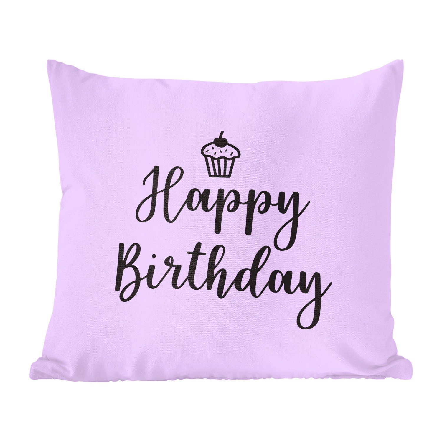 MuchoWow Dekokissen Cupcake mit dem Zitat "Happy Birthday" auf einem rosa Hintergrund, Zierkissen mit Füllung für Wohzimmer, Schlafzimmer, Deko, Sofakissen