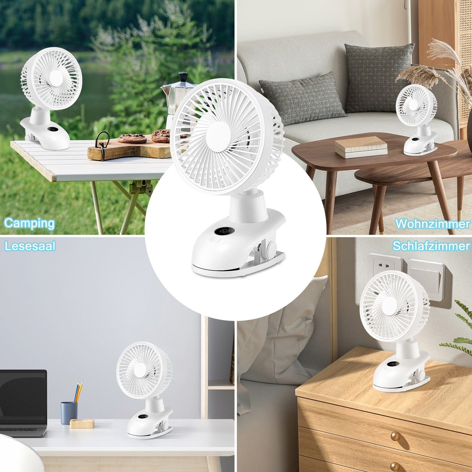 ZMH 40dB Weiß Mini Geschwindigkeiten 5000mAh Akku Fan Leise Oszillierend USB-Ventilator 4 Außen,