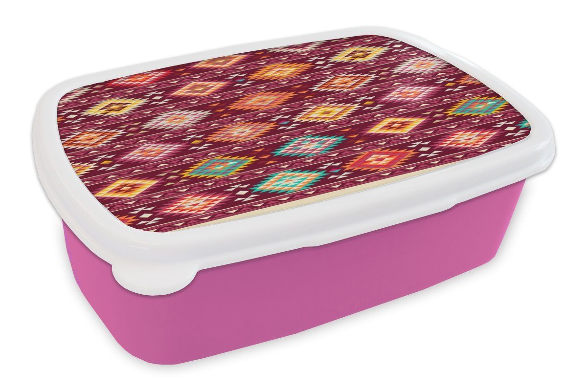 MuchoWow Lunchbox Muster - Amerikanische Ureinwohner - Amerika, Kunststoff, (2-tlg), Brotbox für Erwachsene, Brotdose Kinder, Snackbox, Mädchen, Kunststoff rosa