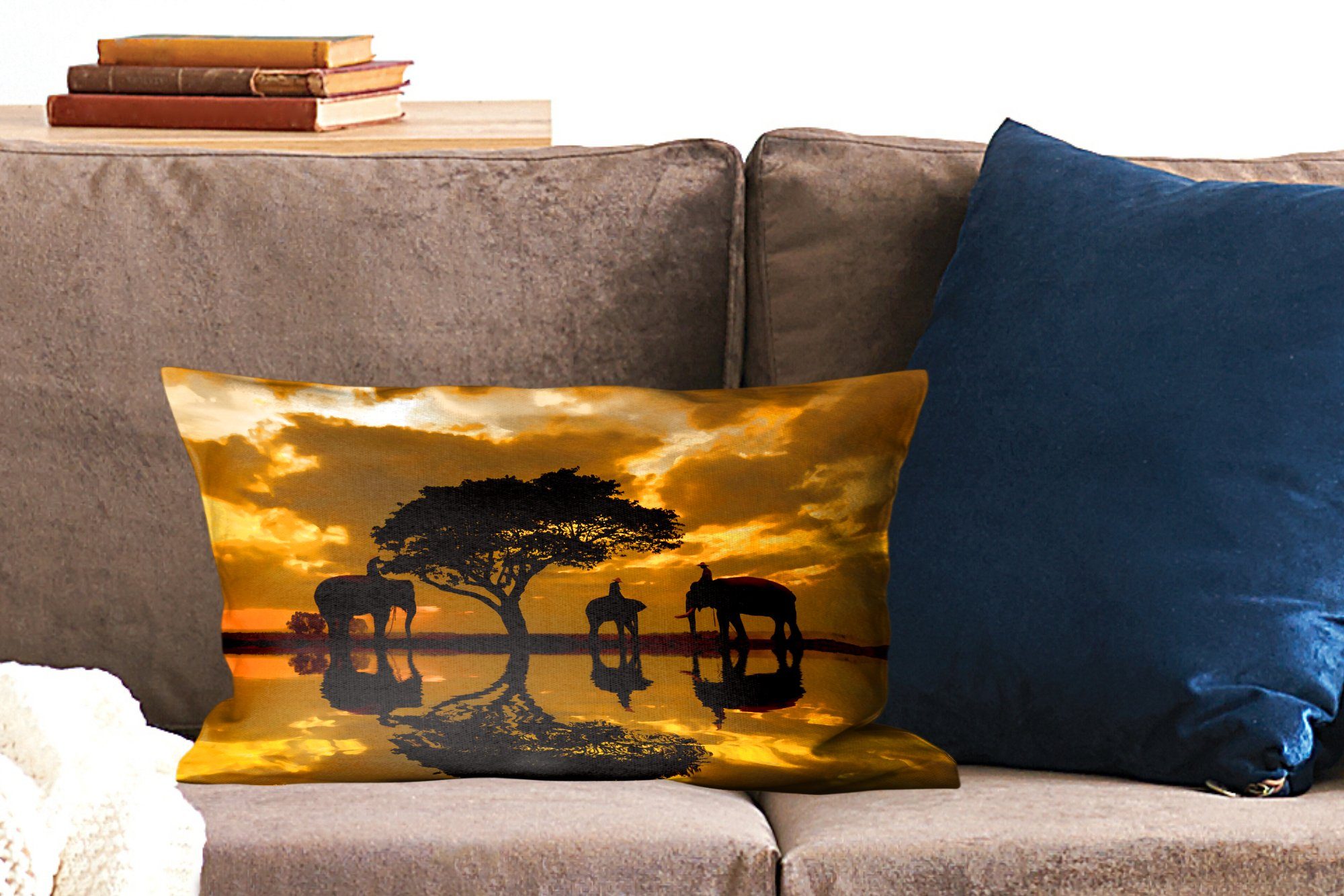 Dekokissen MuchoWow Elefanten Schlafzimmer thailändischen Füllung, Dekokissen Wohzimmer der bei Silhouette Dekoration, mit Sonnenaufgang, Zierkissen,