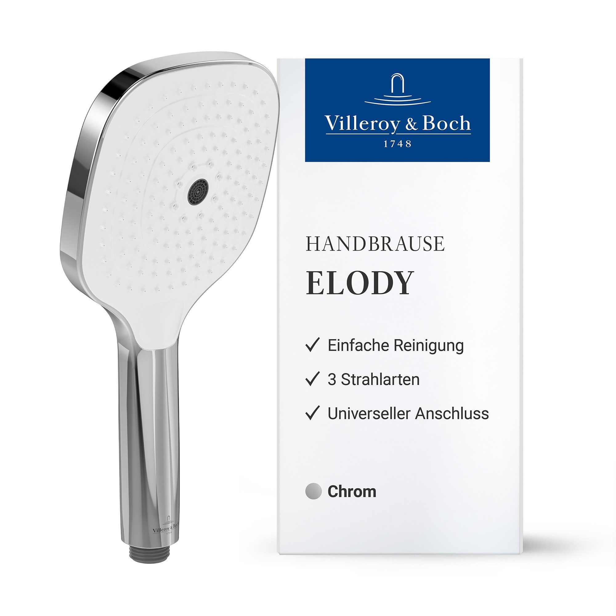 Villeroy & Boch Handbrause Elody, mit 3 Straharten, Wechsel per Knopfdruck, Einfache Reinigung