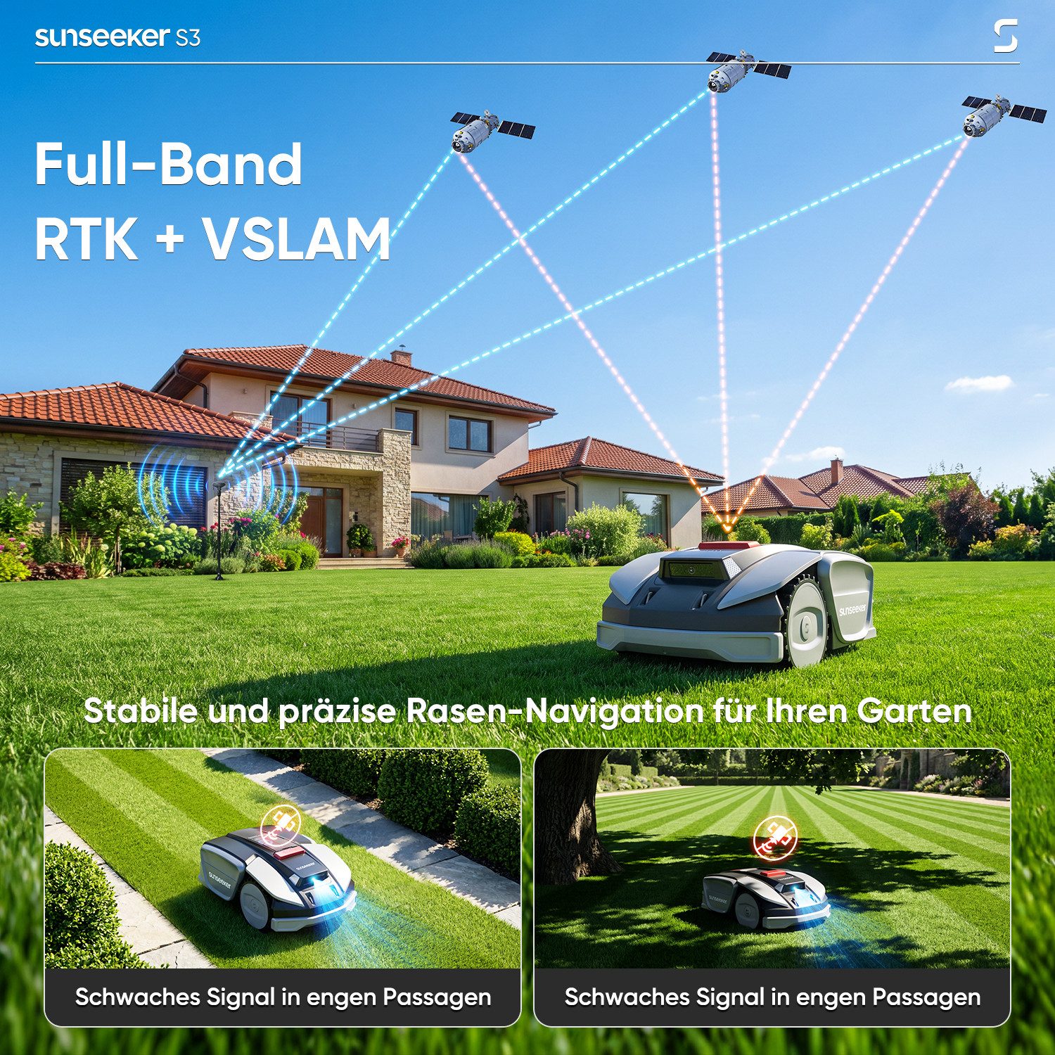 Sunseeker Rasenmähroboter S3, bis 800 m² Rasenfläche, (Packung), RTK+Vision, KI Kartierung, 30% Steigung, Routenplanung, App-Steuerung