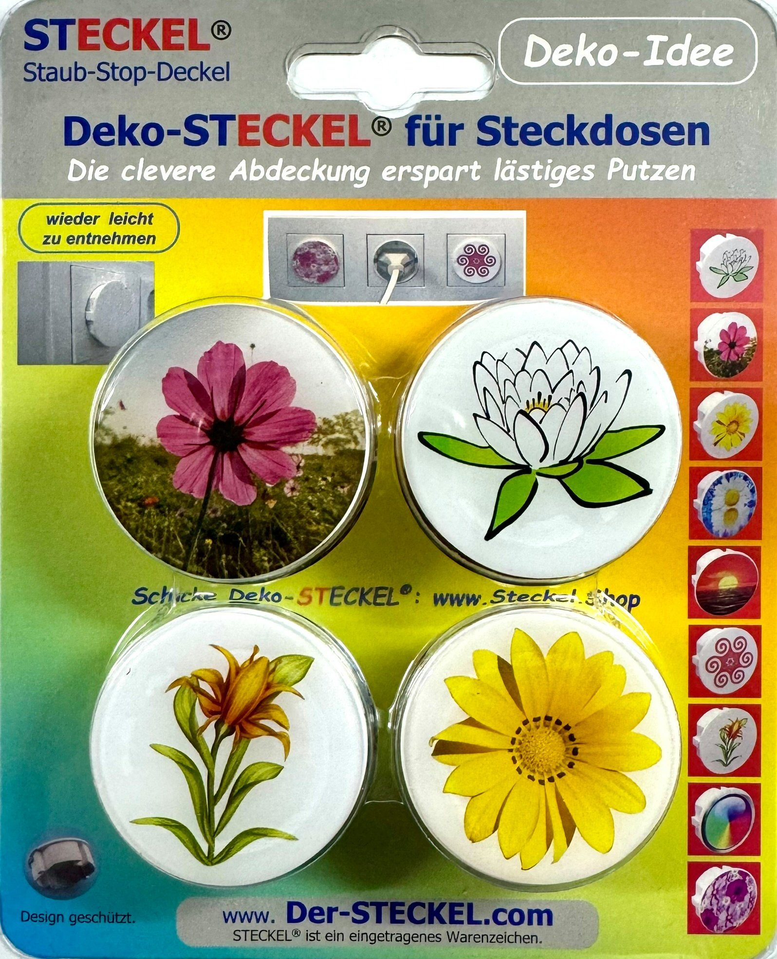 STECKEL Wanddekoobjekt 4x Steckdosenabdeckung mit bunten Blumen Staubschutz,  MS-483