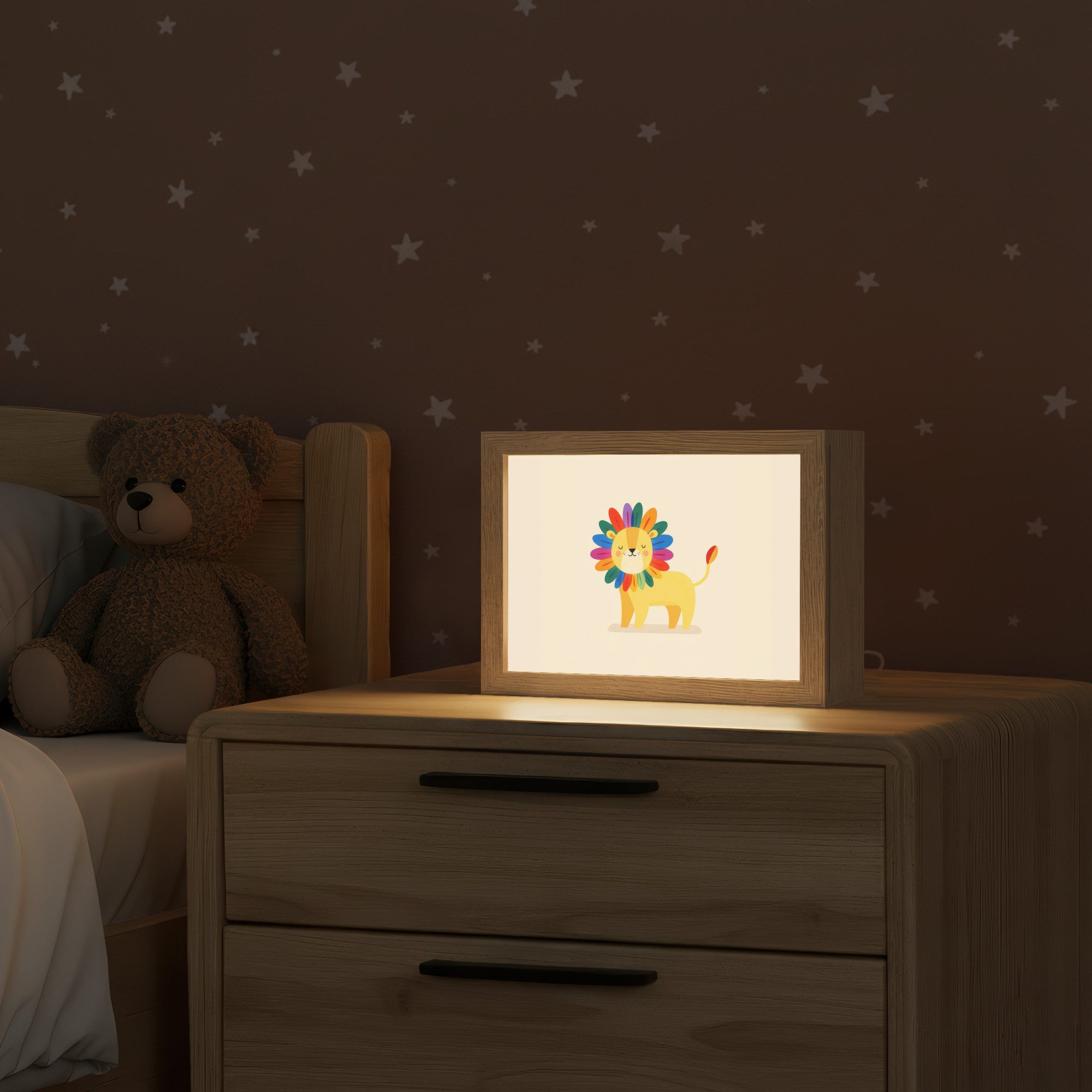 OnlyWow Nachttischlampe Lightbox Löwe - Bunte Mähne - Beige - Jungen, Dimmbar, Farbwechsel, LED, Warmweiß, Kaltweiß, Neutralweiß Einstellbar, Nachtlicht, Kinder- und Babyzimmer, Dimmbar, mit Kabel, Tischleuchte