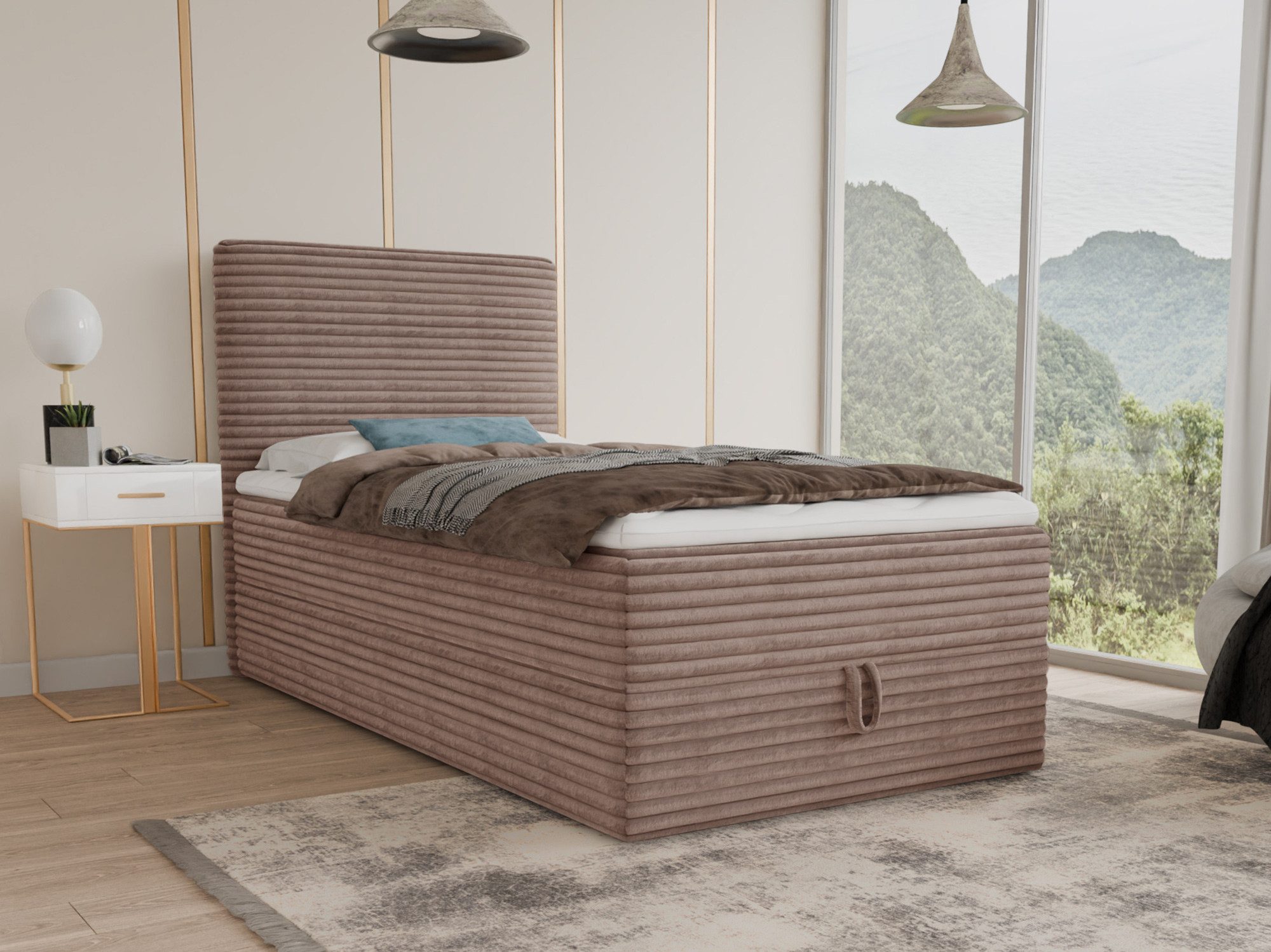 Sofnet Boxbett Mollo Mini (großer Bettkasten, Bonell-Matratze und Topper), Einzelbett, Polsterbett mit Kopfteil, Boxspringbett, Cordstoff
