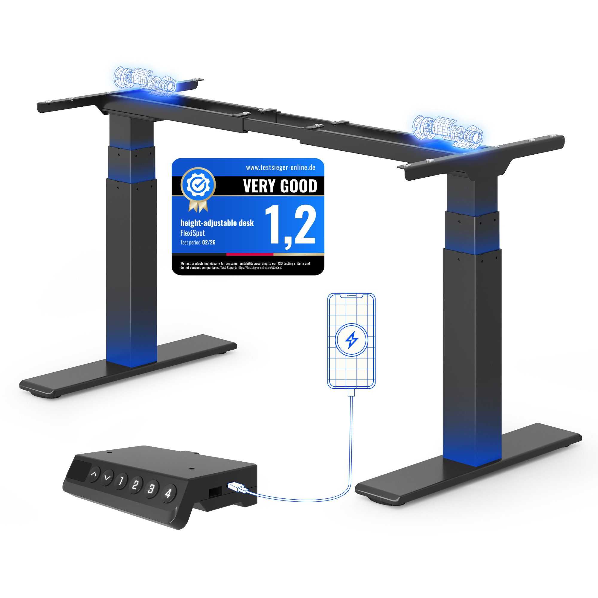FLEXISPOT Schreibtisch E200 Elektrisch höhenverstellbarer Schreibtisch mit Dualmotor (2 Motore, 3-Fach-Teleskop, 4 Speicherplätze, höhenverstellbar von 60–125 cm, Geschwindigkeit 40 mm/s), Kollisionschutz Funktion, USB Ladeanschluss, MAX Load: 200KG