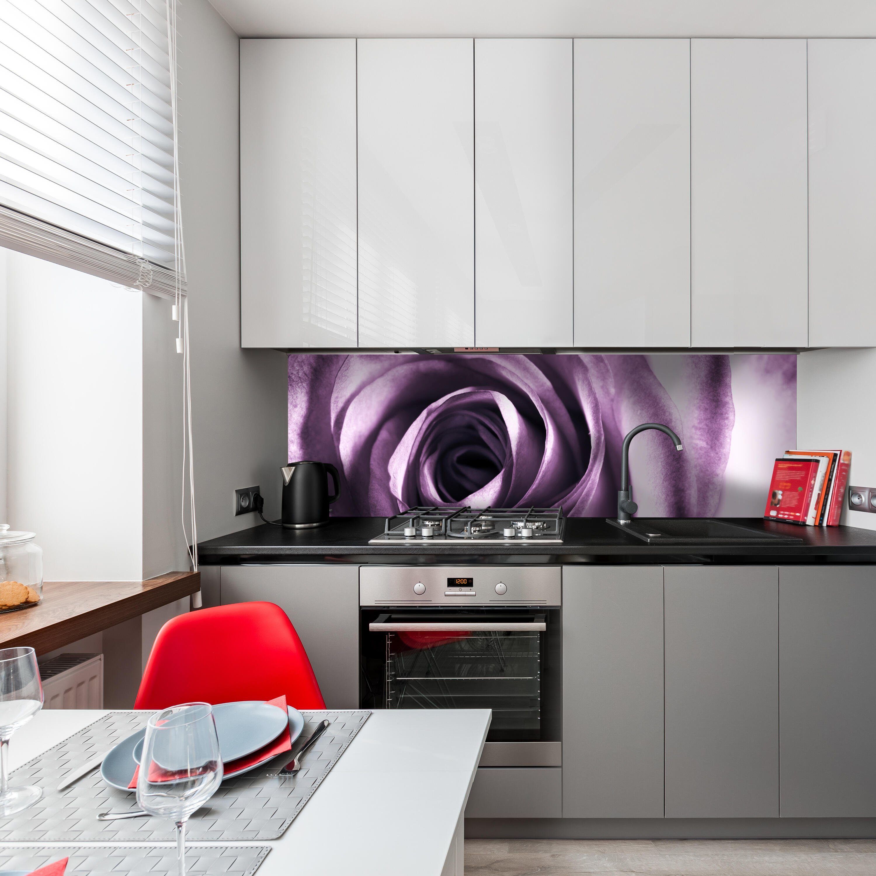 wandmotiv24 Küchenrückwand violette Rose, (1-tlg), Premium Hartschaum Nischenrückwand in versch. Größen