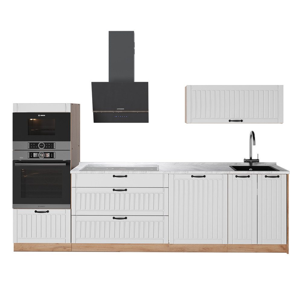 Vicco Küchenzeile Fame-Line, Weiß Landhaus/Goldkraft Eiche, 280 cm, AP Marmor
