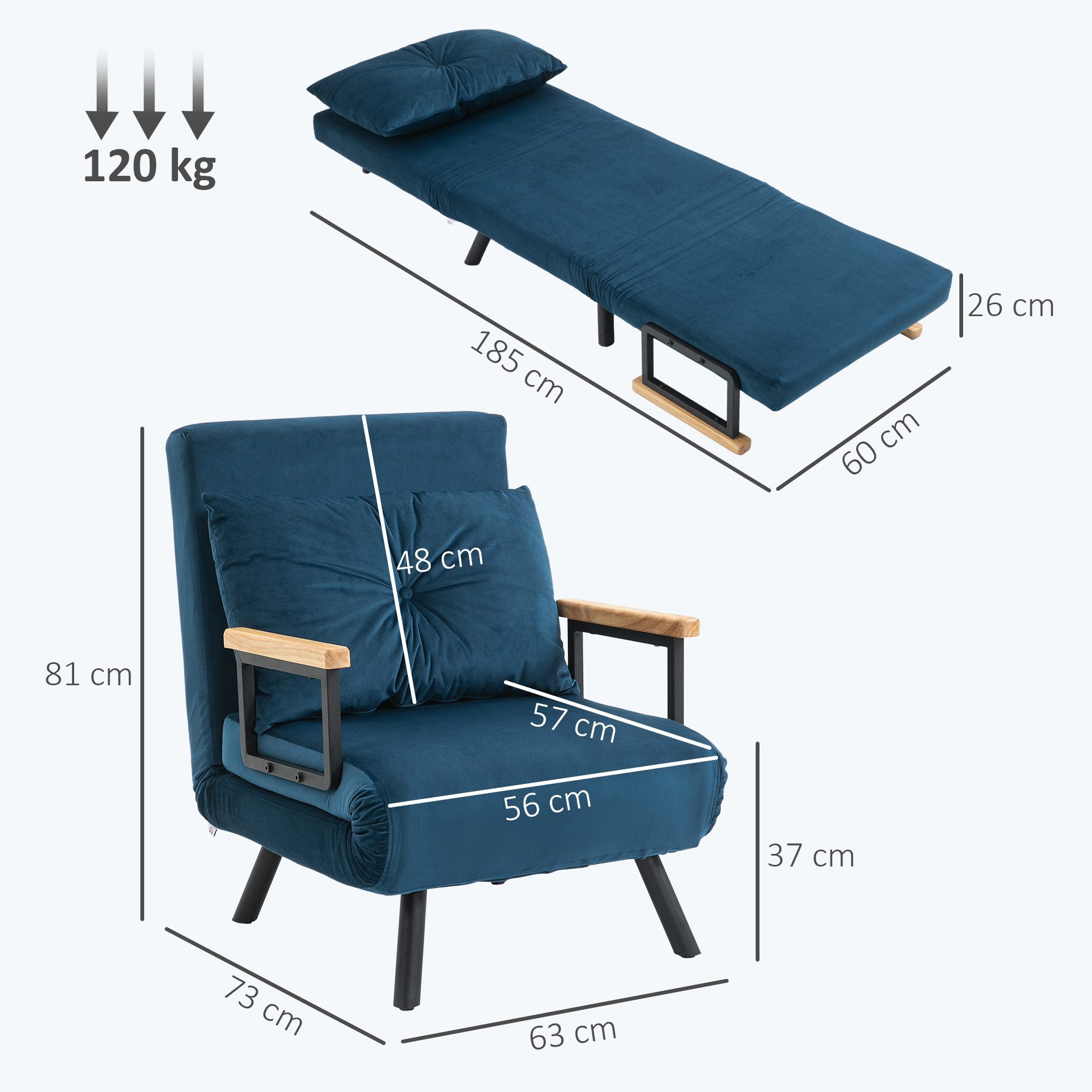 HOMCOM Schlafsofa Schlafsessel mit Schlaffunktion, Lendenkissen und Samtoptik, Verstellbare Sessel 1 Teile, 73 x 63 x 81 cm, Blau
