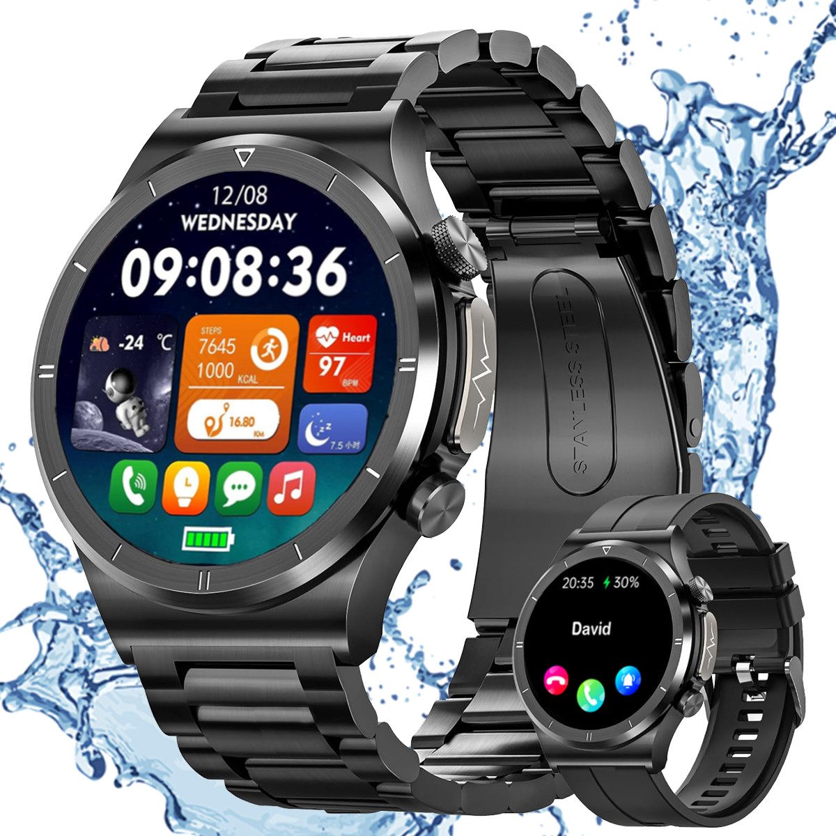 Smartwatch Herren (Anruf Texte Rinnerung) Fitness Tracker Uhr Smartwatch