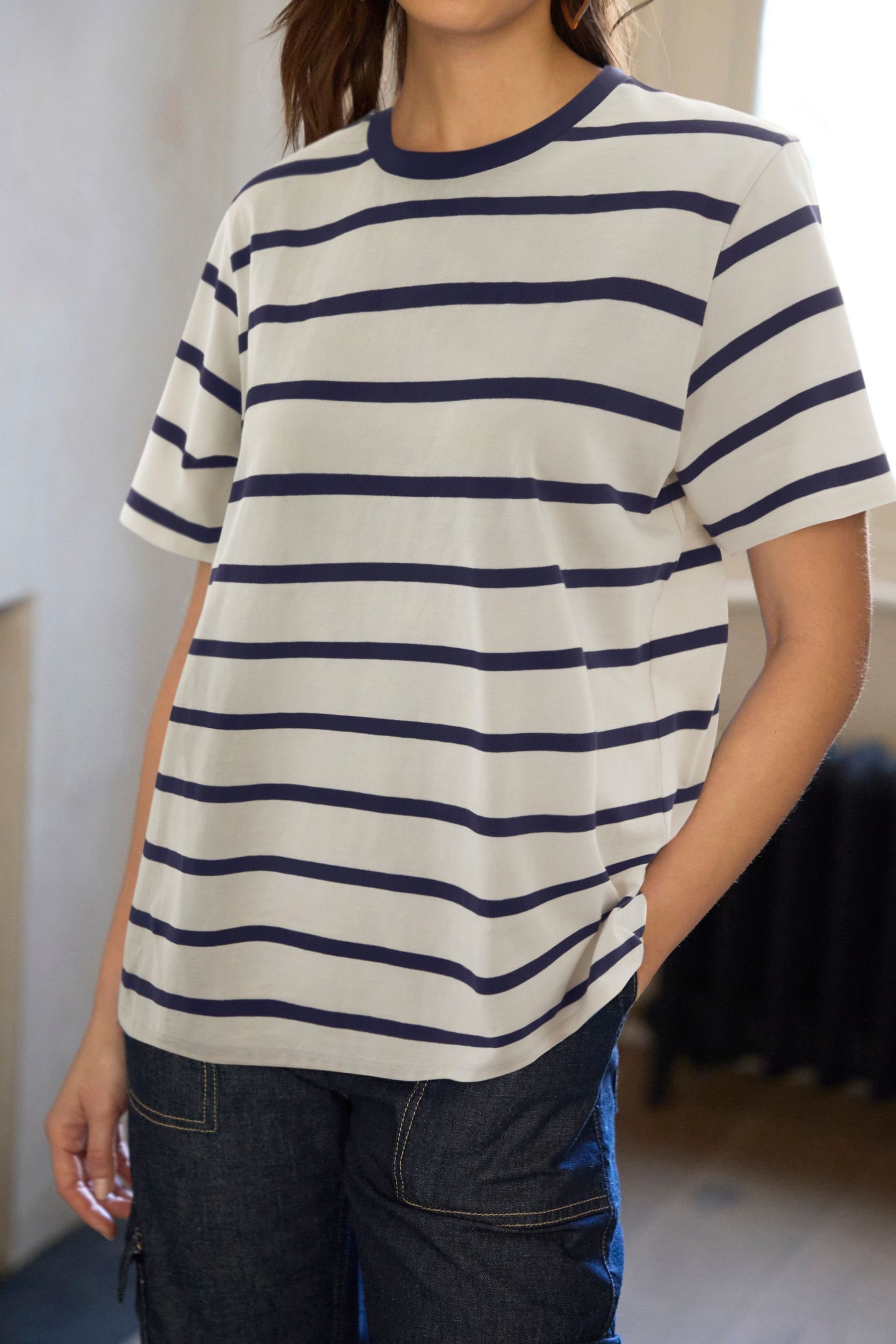 Next T-Shirt Schweres T-Shirt Navy (1-tlg) mit Rundhalsausschnitt Stripe