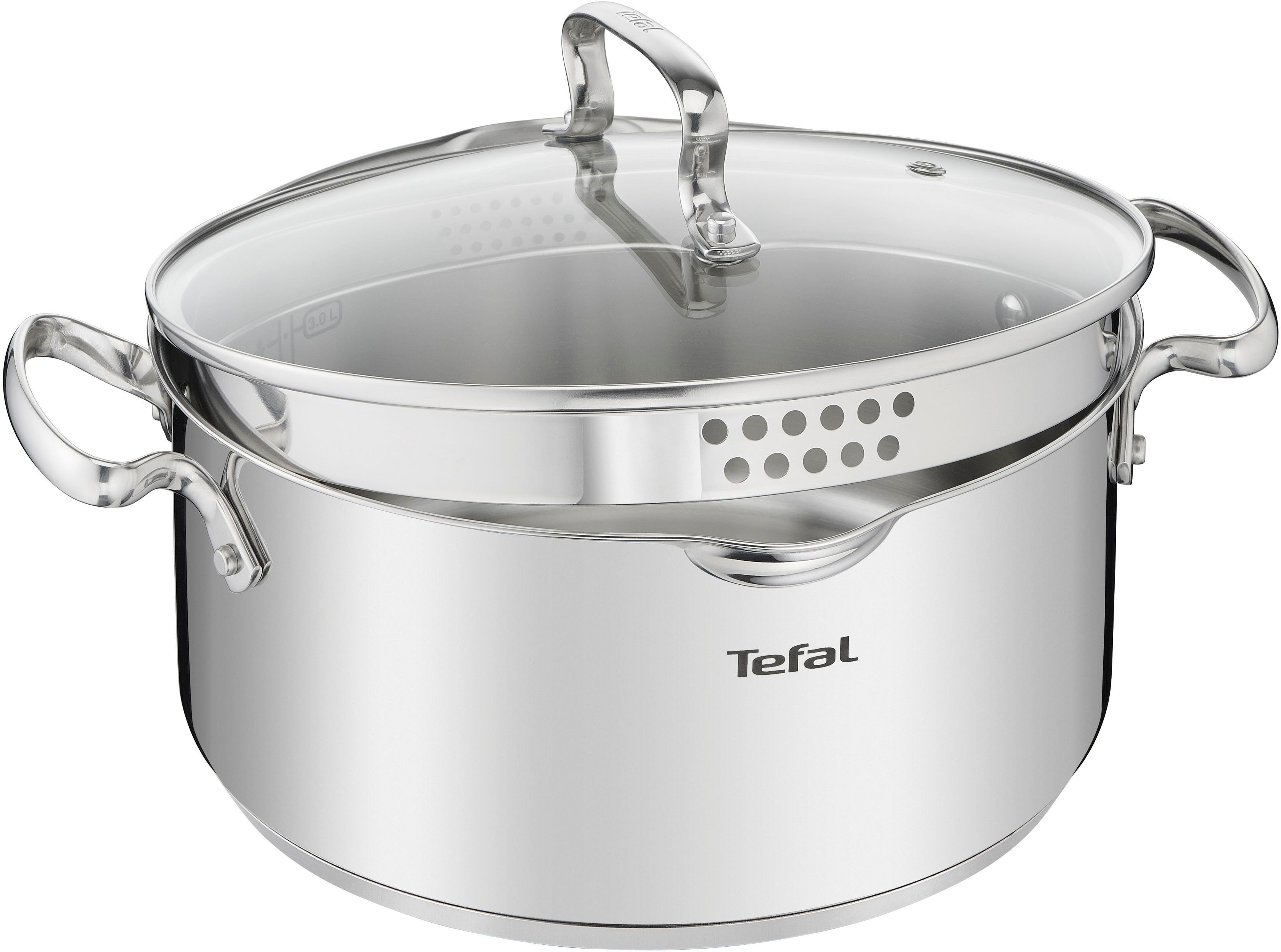 Tefal Kochtopf Duetto+, Edelstahl 18/10, hochglanzpoliert, Glasdeckel mit Siebfunktion
