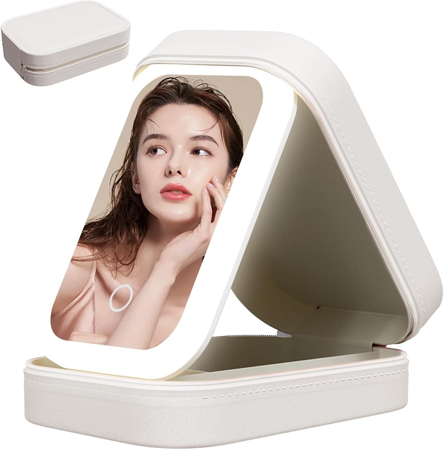HUIKUANGEU Kosmetikspiegel Kosmetiktasche LED Spiegel Schminkkoffer Make up Organizer USB (Kosmetiktasche mit LED Spiegel USB Licht Make up Organizer Set, Schminkkoffer mit LED Spiegel USB Kabel 4 Fächer Organizer Reise), 3 Lichtmodi LED Spiegel USB Akku