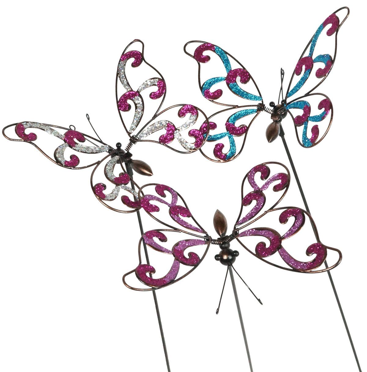 Gartenursel Gartenstecker 3er farbenfrohe Gartenstecker Schmetterlinge Glitzer rosa | Dekostecker