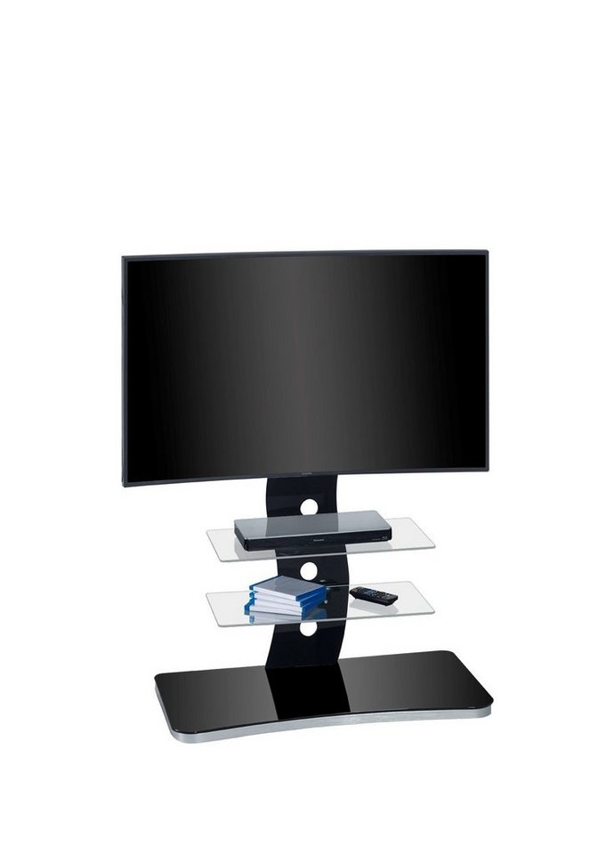 möbelando TV-Rack 1600, aus Metall / ESG-Sicherheitsglas in Metall Alu -  Schwarzglas mit 2 Einlegeböden. Abmessungen (B/H/T) 88x122x44 cm