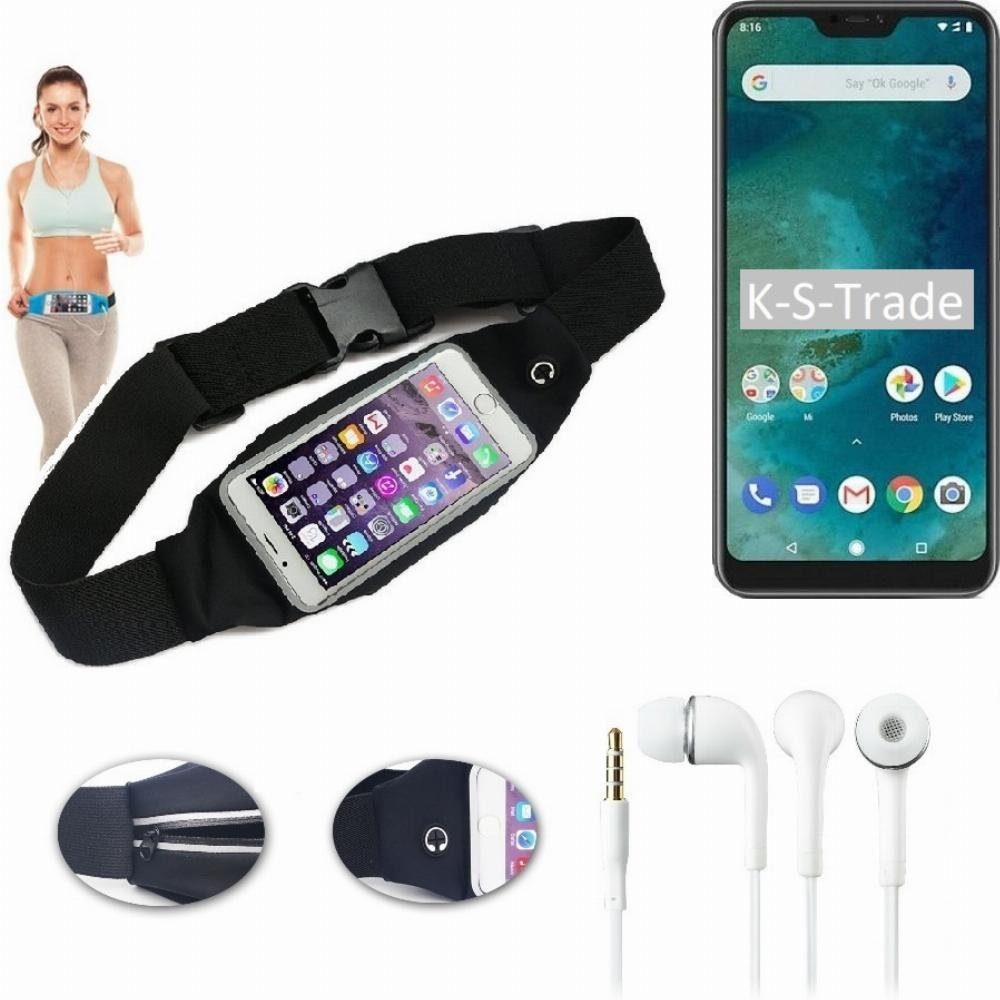 K-S-Trade Handyhülle für Xiaomi Mi A2 Lite, Bauchtasche Gürteltasche schwarz + Kopfhörer. Sport Running