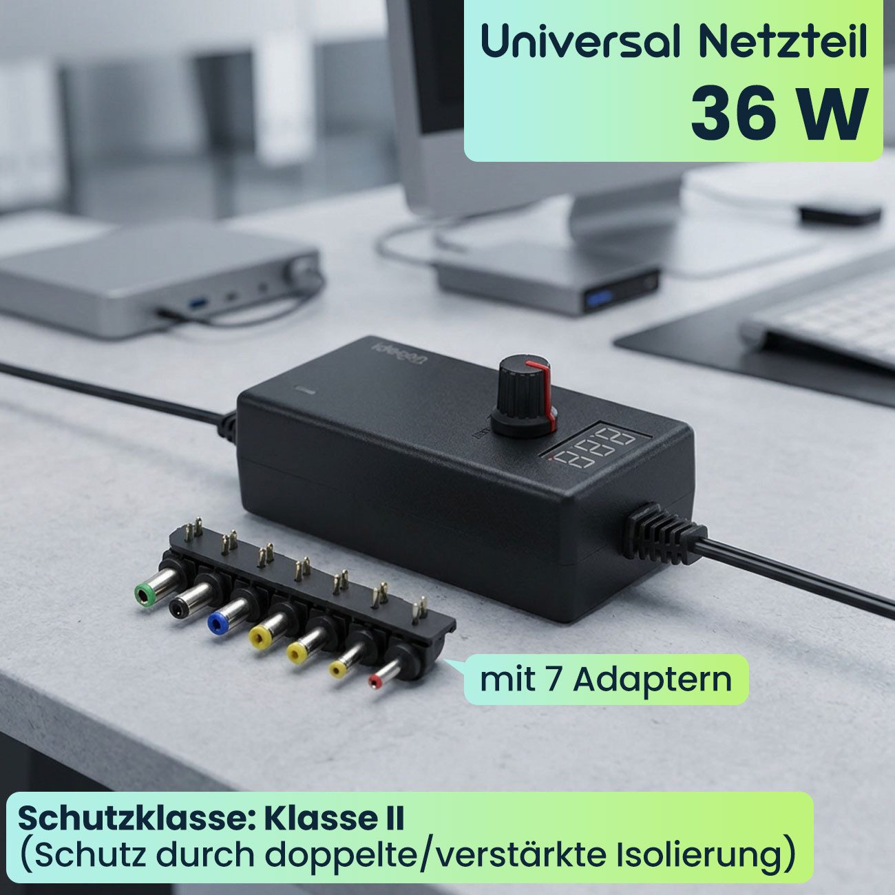 shop'n smile ideoon Schaltnetzteil 36W, 5-24V - AC/DC mit 7 Adaptern Universal-Netzteil (für Router, LED-Strips, Monitore, Kameras & mehr)