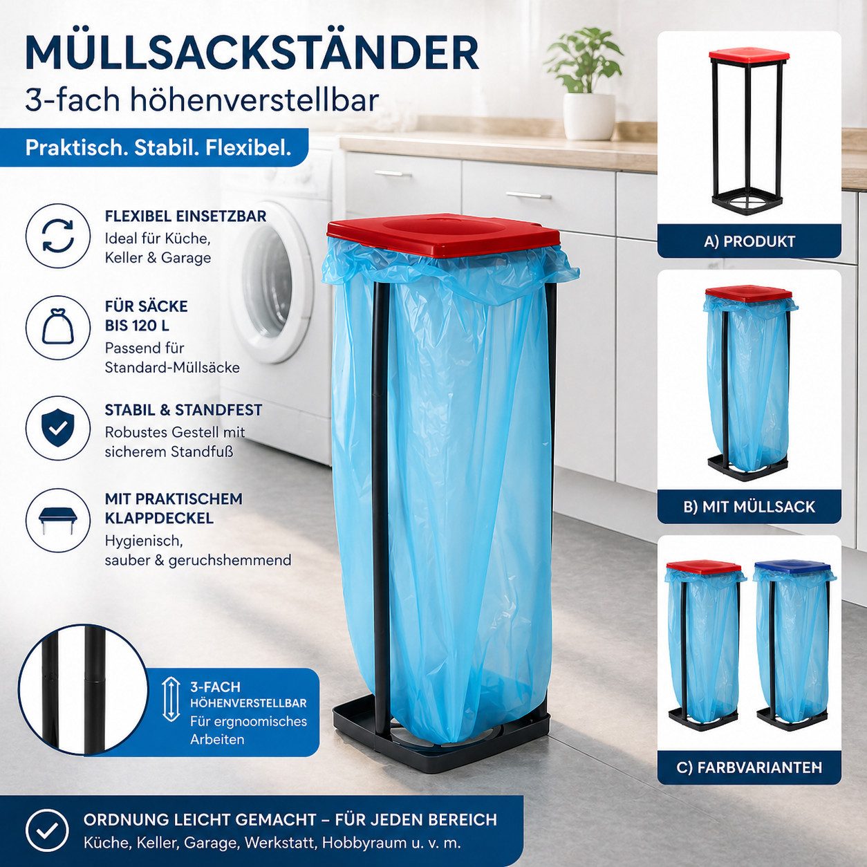 Testrut Müllsackständer Müllsackständer 120L Höhenverstellbar mit Deckel und Klemmring