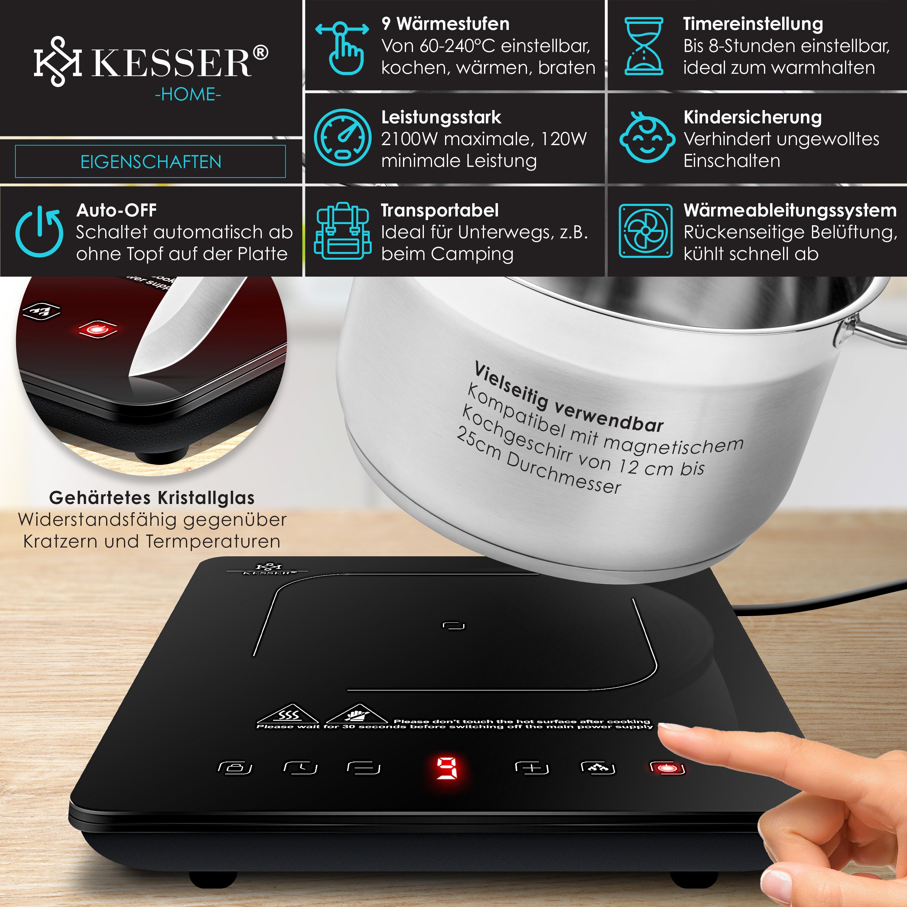 KESSER Einzelkochplatte Induktionskochplatte mit 9 Heizstufen 3x Mikrofasertücher & Rezeptbuch, tragbare Kochplatte 28cm mit Timer, Touch-Steuerung, Booster 220-240V