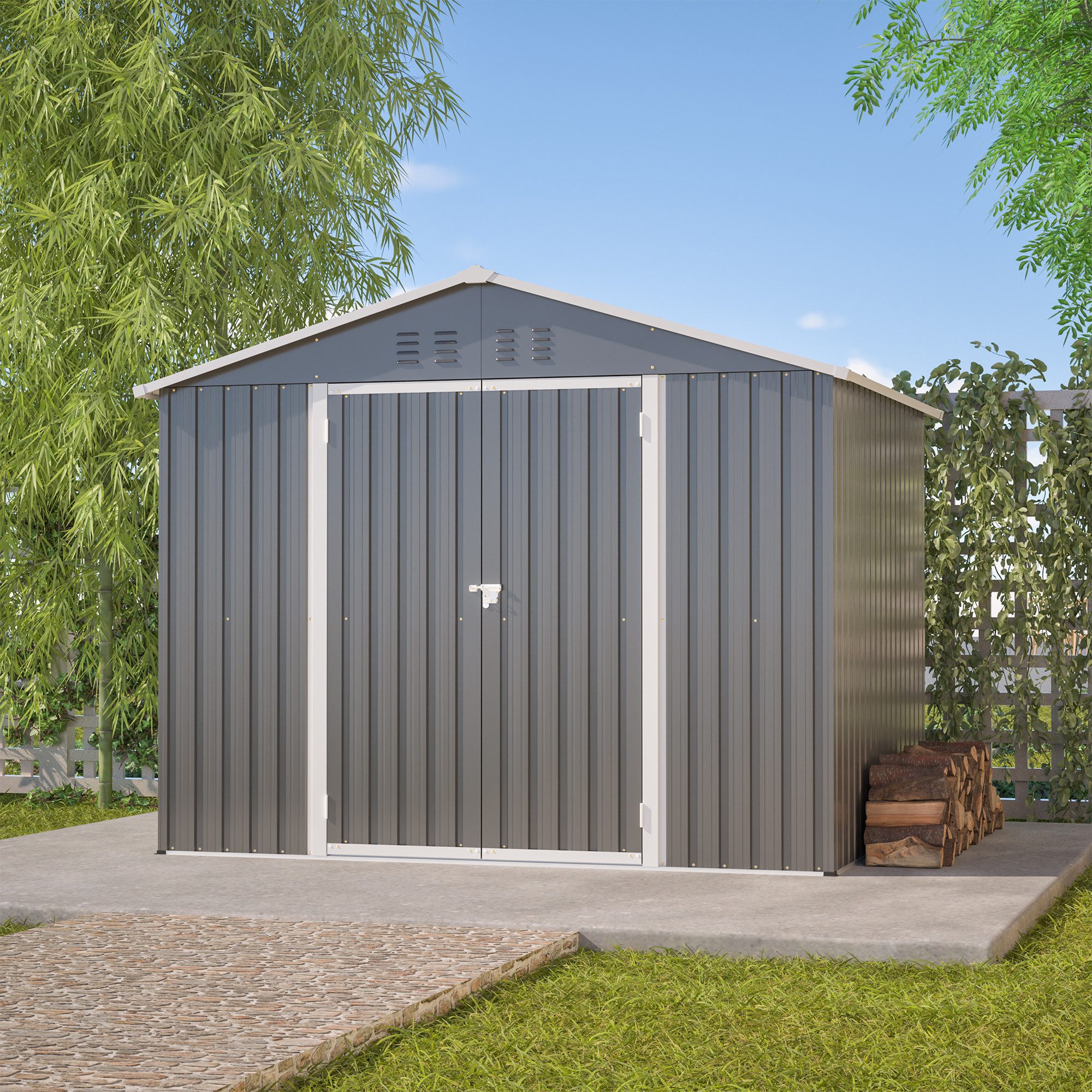 CHICFURN Gartenhaus 8x6 FT Graues Metall-Tool-Shed, BxT: 229.4x180 cm, (für Gartengeräte & Werkzeugaufbewahrung), mit Klapptür, Grau