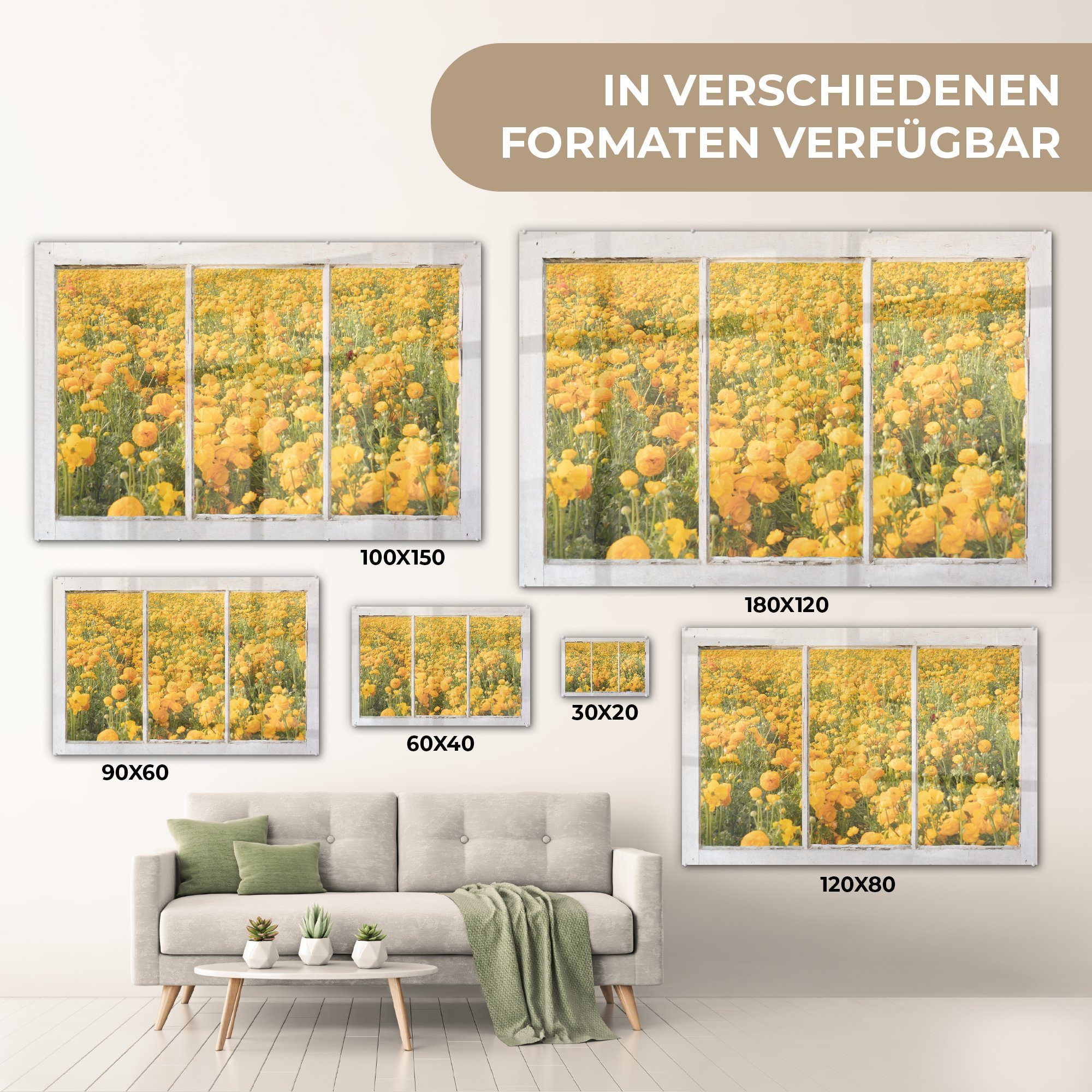 - Durchsichtig Foto Wandbild - Bilder MuchoWow - - Acrylglasbild Glasbilder Gelb, Wanddekoration St), auf Blumen auf Glas Glas - (1