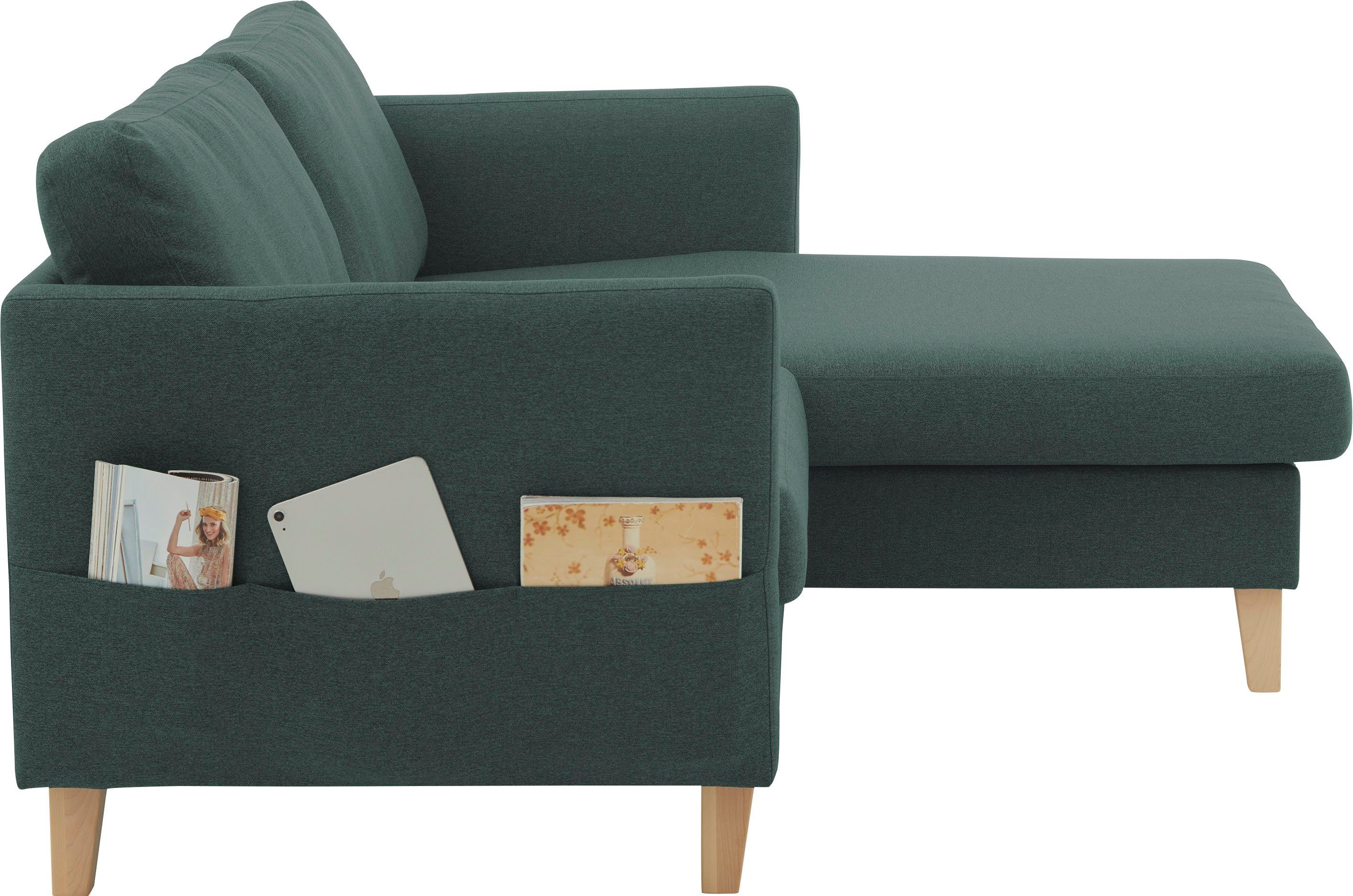 ATLANTIC home collection Ecksofa montierbar, grün Seitentaschen, beidseitig Mailo, mit Recamiere Massivholzfüße