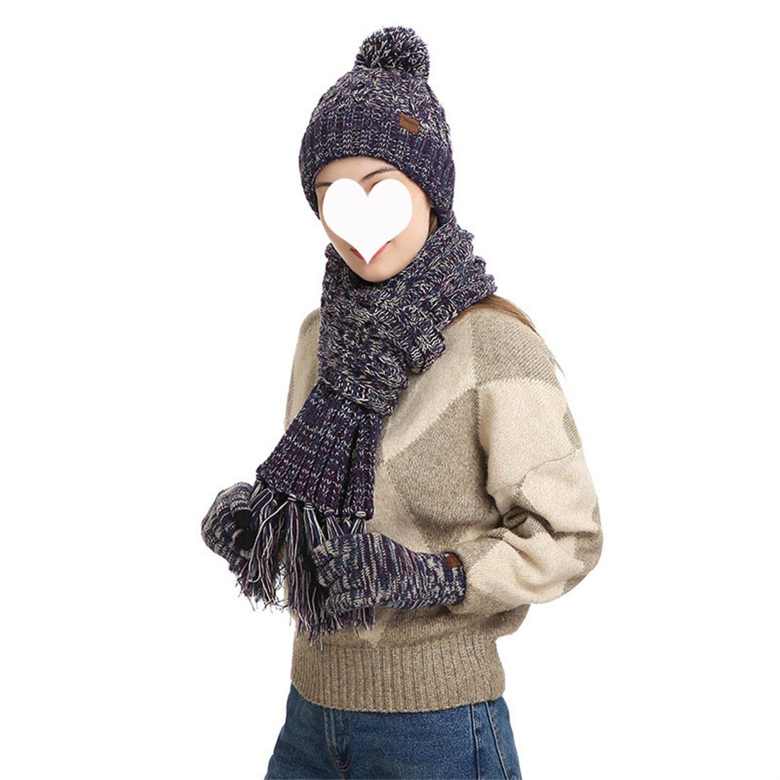 DÖRÖY Strickmütze Wolle, Wintermütze + + 3er-Set Touchscreen-Handschuhe aus blau Schal Mütze
