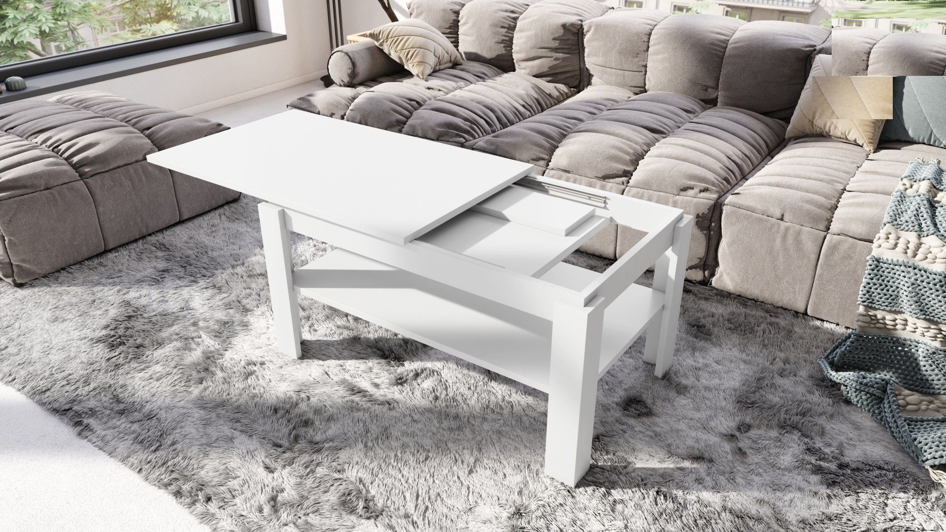 Tisch Ablagefläche Weiß Couchtisch matt Couchtisch Asti-R Design designimpex ausziehbar Esstisch mit