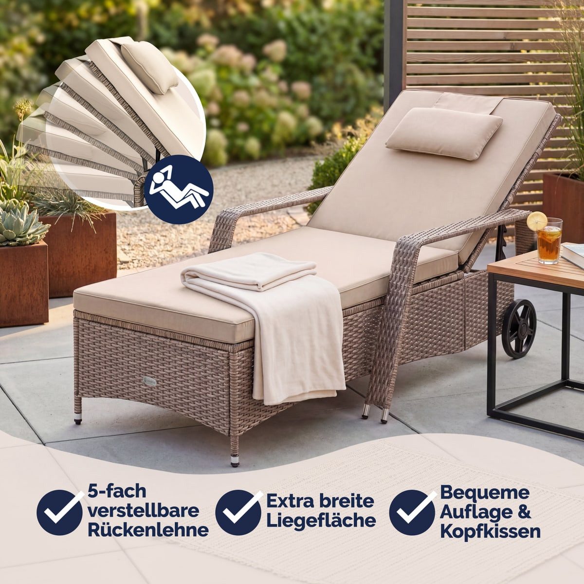 Casaria Gartenliege, 165kg Belastbar 7cm Auflage mit Rollen Sonnenliege 5fach verstellbar