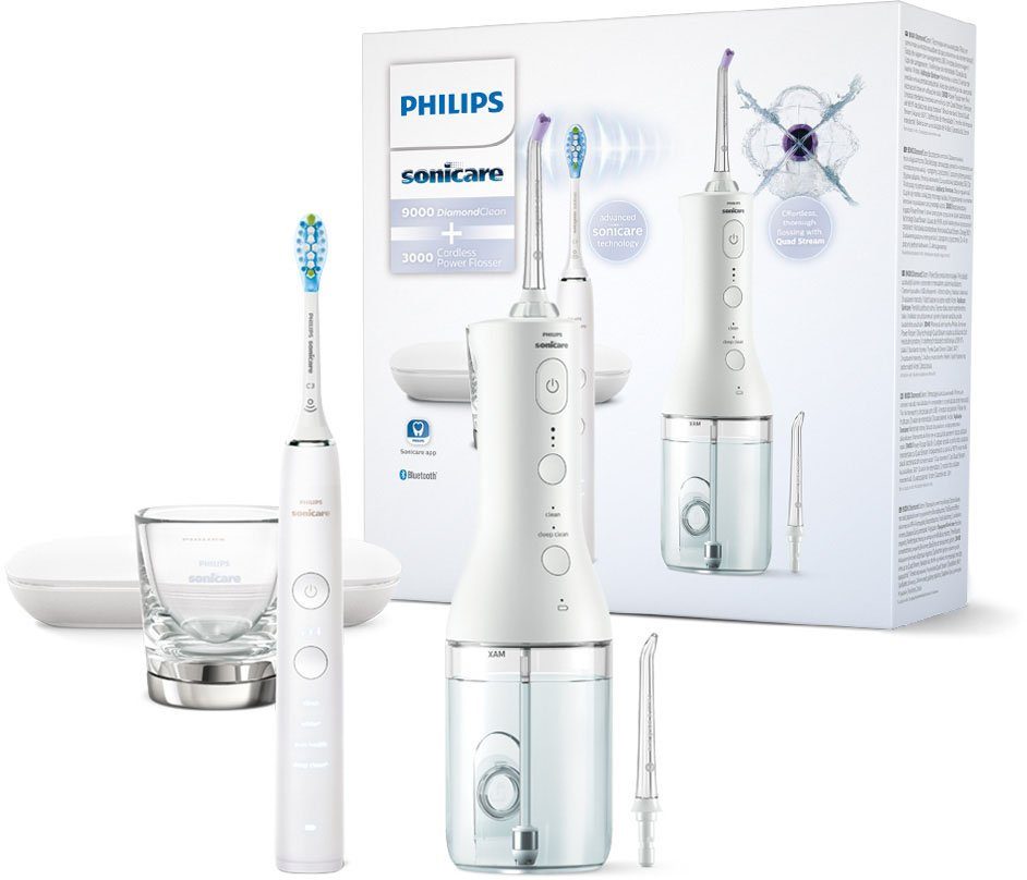 Philips Sonicare Zahnpflege-Set DiamondClean 9000 und Cordless Power Flosser 3000 HX3866/41, inkl. Ladeglas und Reiseetui