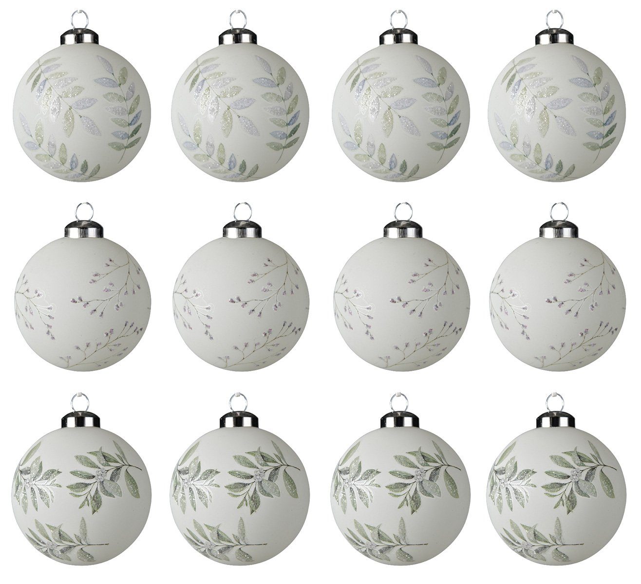 Decoris season decorations Weihnachtsbaumkugel, Weihnachtskugeln Glas 8cm Zweige und Blätter 12er Set weiß / grün | Weihnachtskugeln