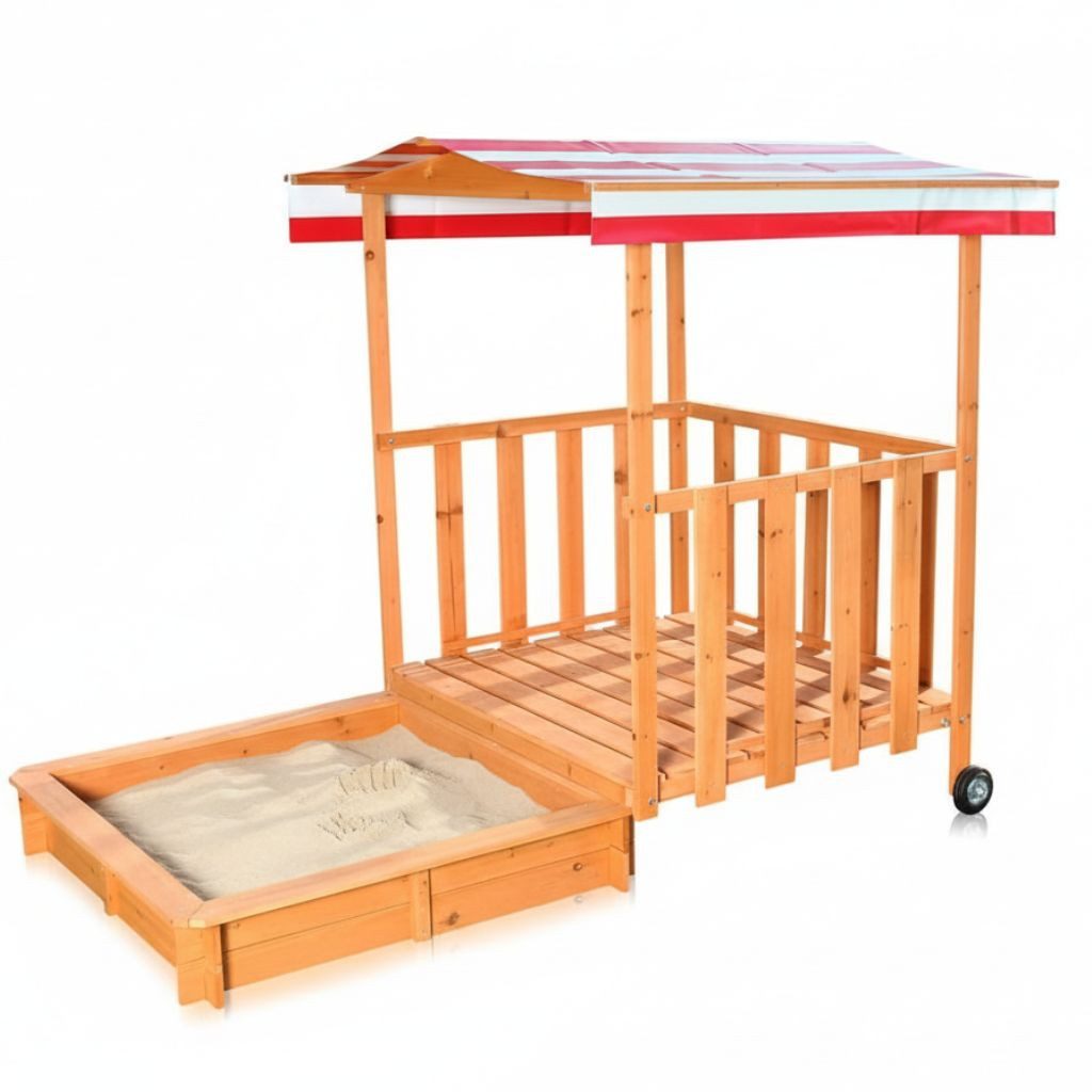 Melko Sandkasten Sandbox mit Dach Sitzbänken Sandkiste höhenverstellbares Sonnendach, (Einzelartikel), Transportrollen zum Verschieben, Sonnendach und Sitzflächen