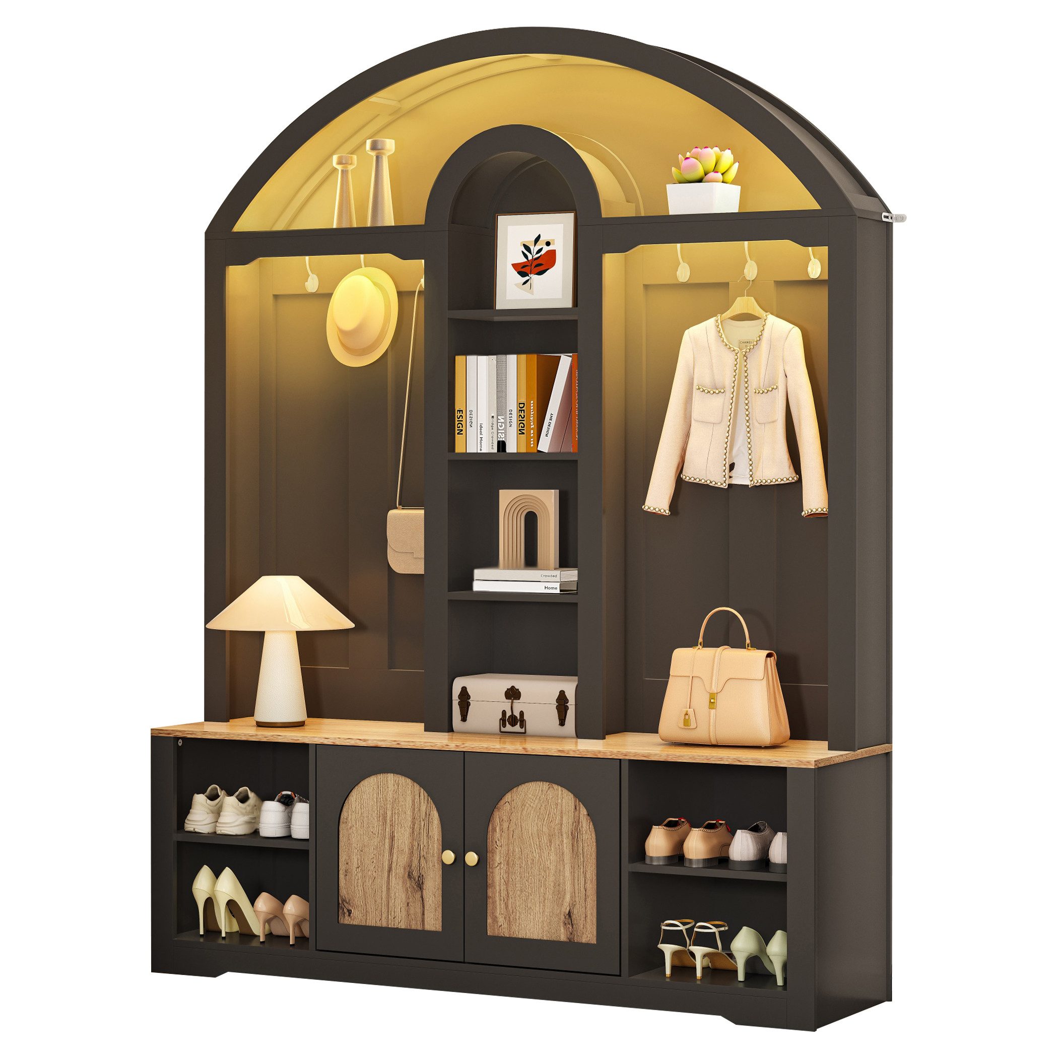 SeedWave Garderobe Standgarderobe in Bogenform mit LED-Beleuchtung, Schuhschrank, Flurgarderobe mit Metallhaken, Kippschutz-Set