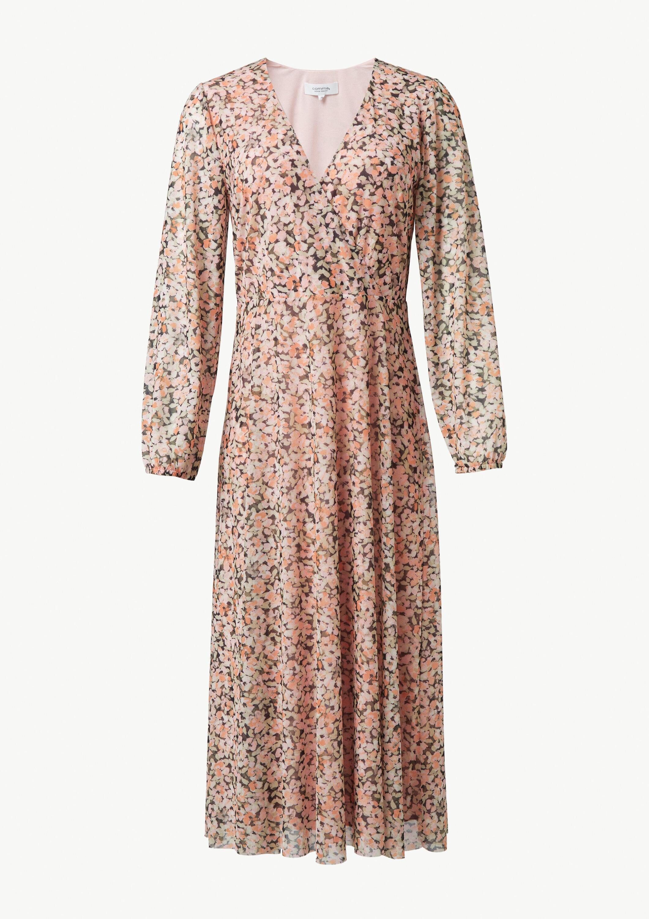 comma Midikleid Kleid Midi-Wickelkleid mit All-over-Print aus Mesh